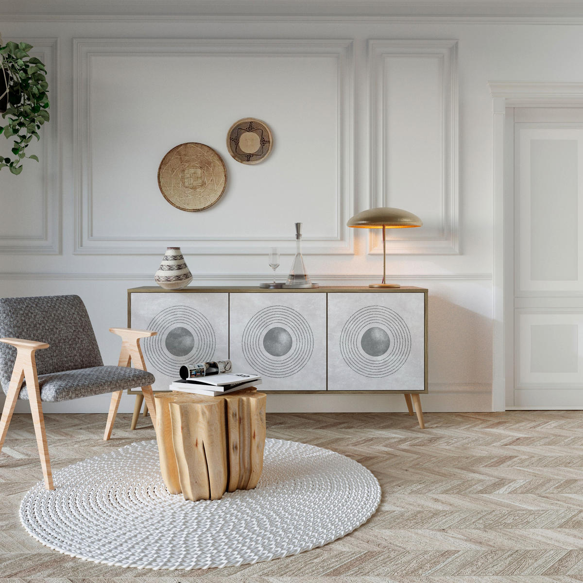 SIDEBOARD SOLID CIRCLES, Eicheneffekt, 164,5x42x77,5 cm, 3 Türen - Eichefarben/Buchefarben, Holzwerkstoff/Buchenholz (164.5/77.5/42cm) - SpaceRebels