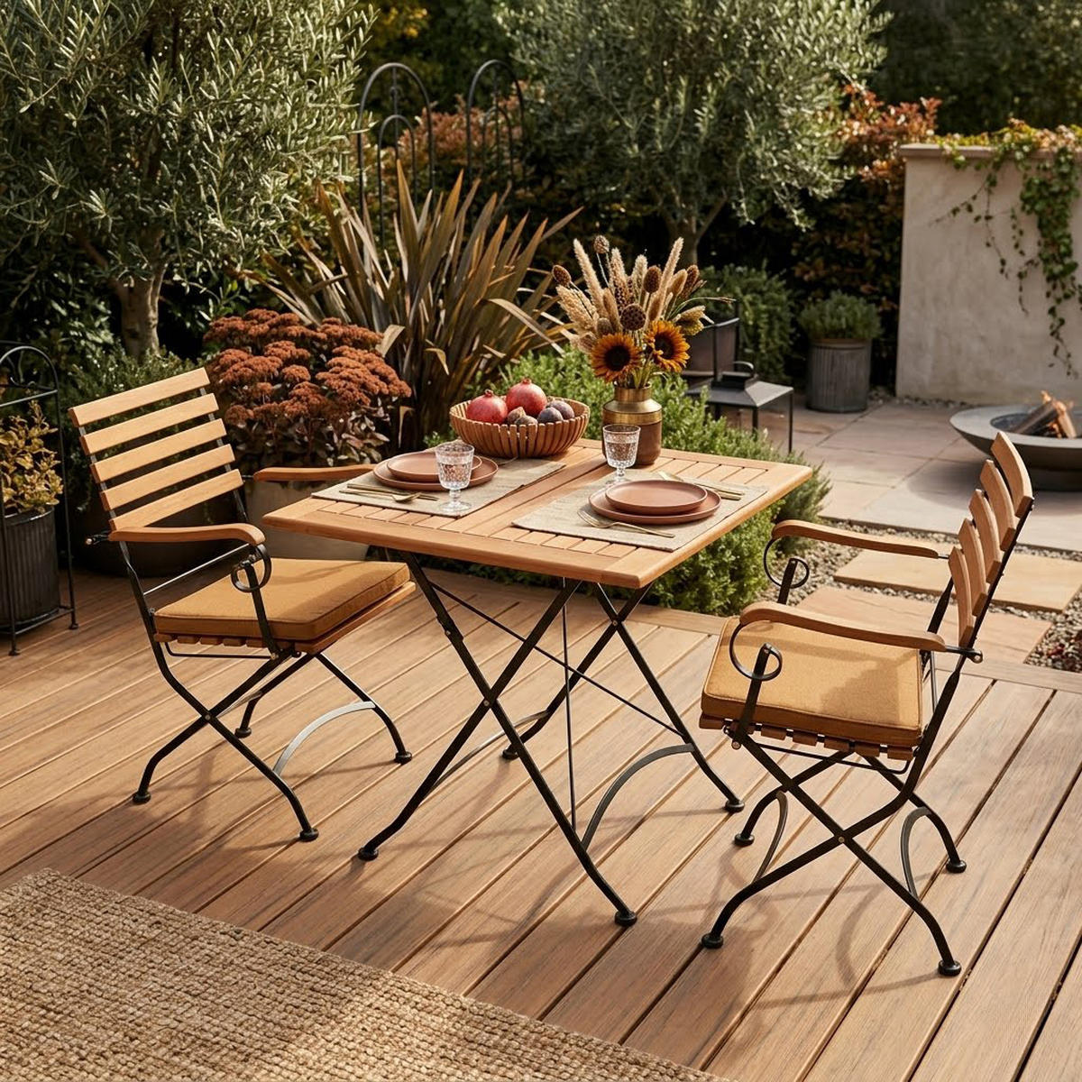 GARTENESSGRUPPE Bad Belzig - 3-teilig (2x Armlehnensessel, 1x Tisch 75cm rund), Gestell Flachstahl schwarz, Latten Eukalyptusholz, - Schwarz, Metall - TPFGarden