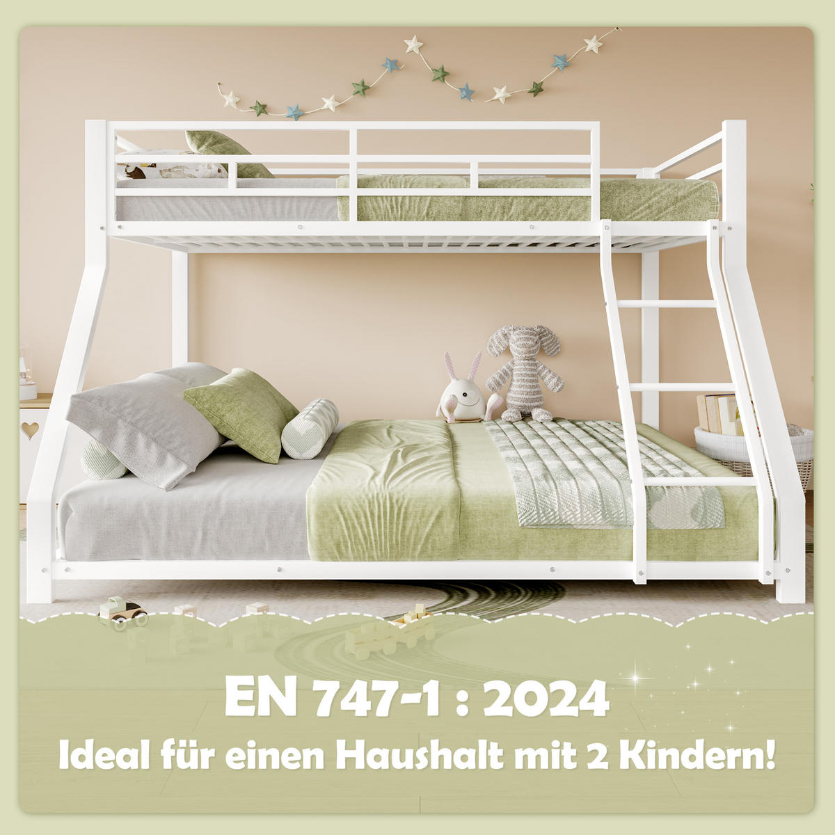 ETAGENBETT 90x200cm + 140x200cm Weiß Metall EN747 zertifiziert - Weiß, Metall (140/200cm) - FLIEKS