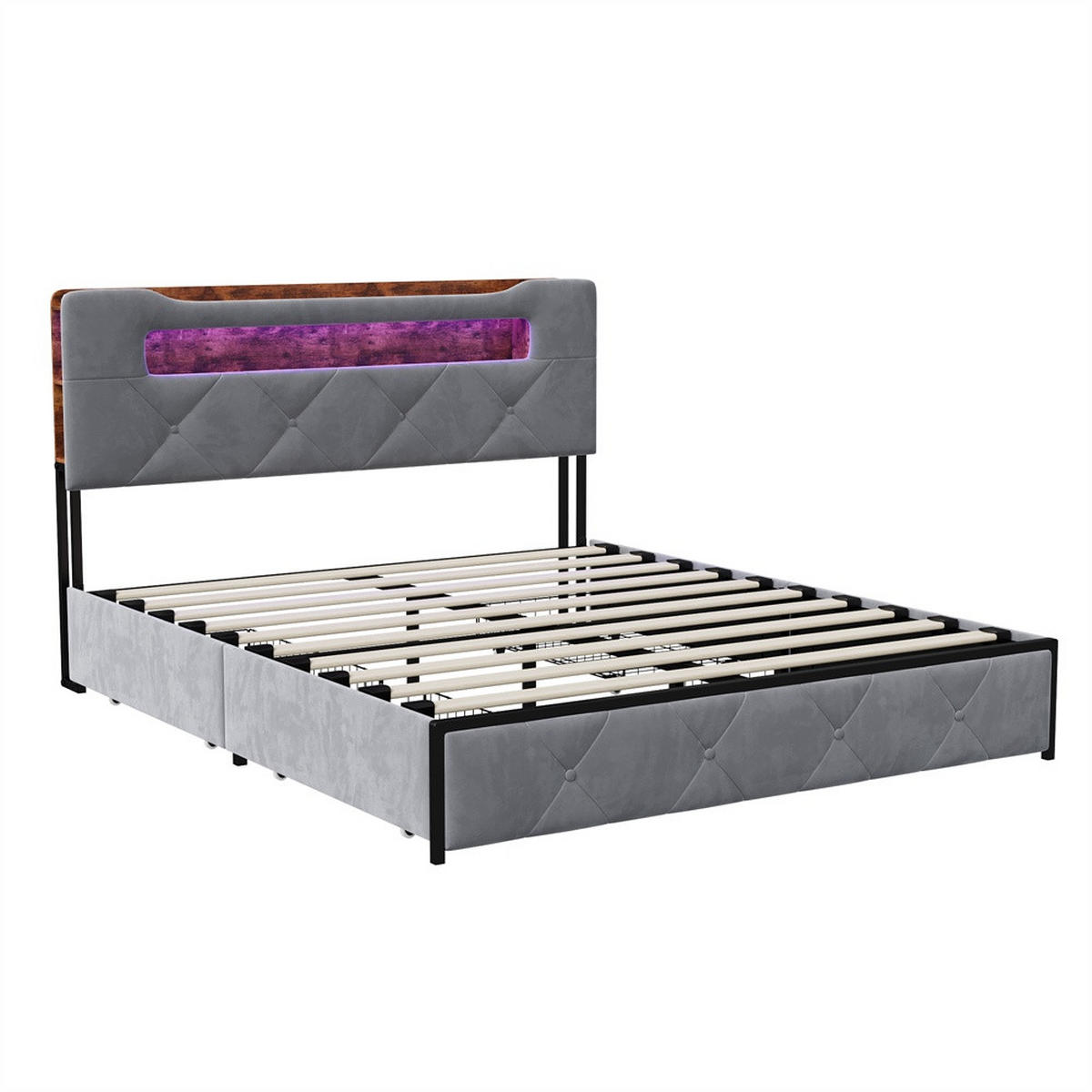 POLSTERBETT 140x200 cm - Doppelbett mit Stauraumkopfteil - 4 Schubladen und LED-Beleuchtung - ohne Matratze - Grau - Grau, Textil (140/200cm) - DELFA