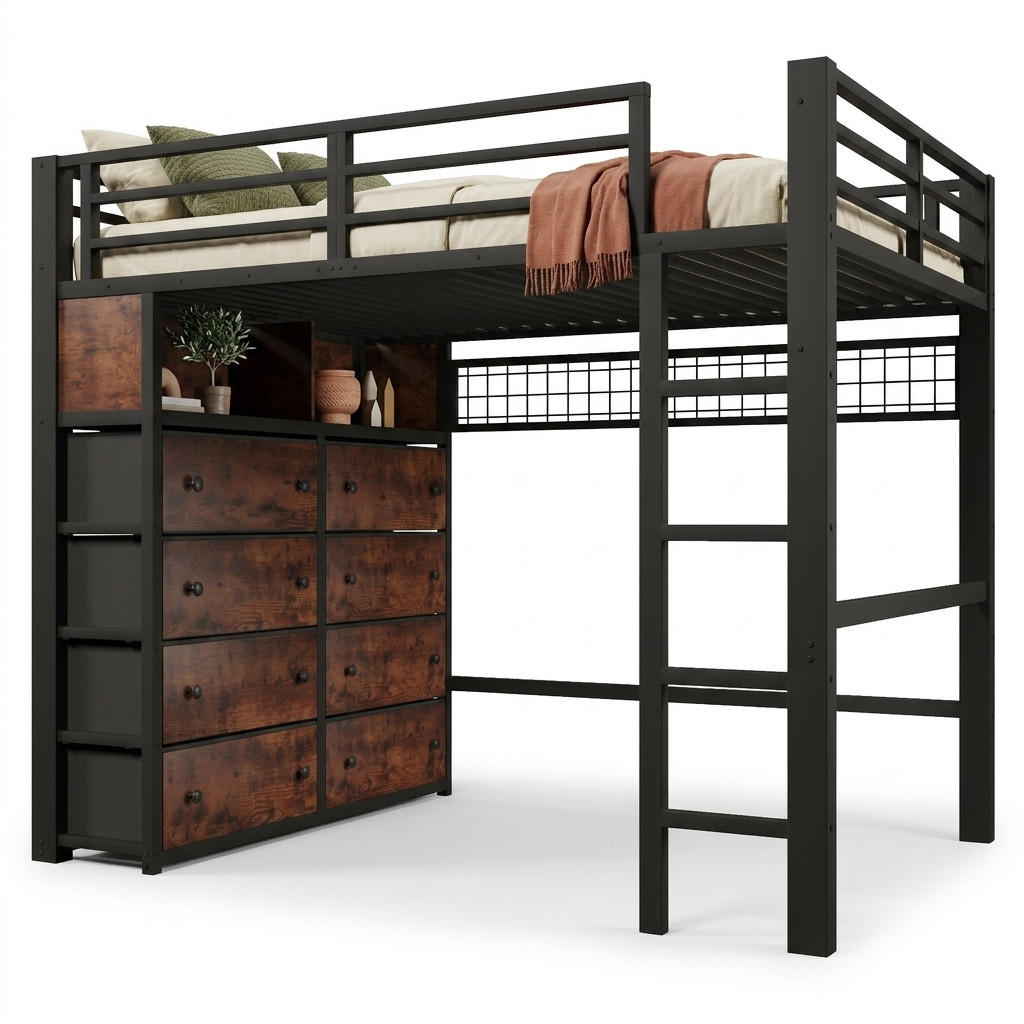 HOCHBETT 140/200 cm in Schwarz mit 8 Schubladen, Regalen, Lochwand und LED aus Metall - Schwarz, Holzwerkstoff/Metall - STILVORA