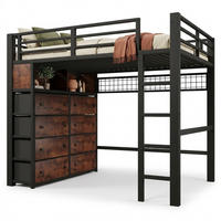 HOCHBETT 140/200 cm in Schwarz mit 8 Schubladen, Regalen, Lochwand und LED aus Metall - Schwarz, Holzwerkstoff/Metall - STILVORA