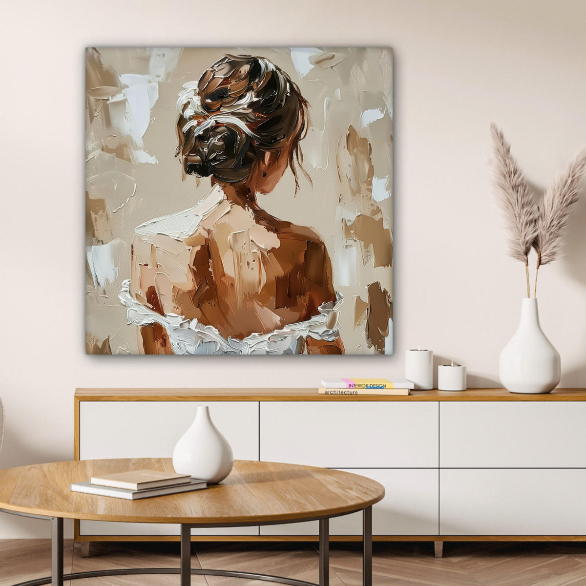 LEINWANDBILD - Frau - Farbe - Abstrakt - Beige - Modern - 90x90 - Gemälde - Sandfarben, Textil (90/90cm) - MuchoWow