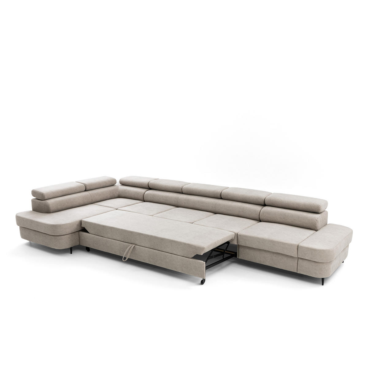 ECKSOFA PRIAM XXL L-Form Links mit Schlaffunktion 125x265 Velours Creme - Creme/Schwarz, Holz/Textil (203/420cm) - Muffo