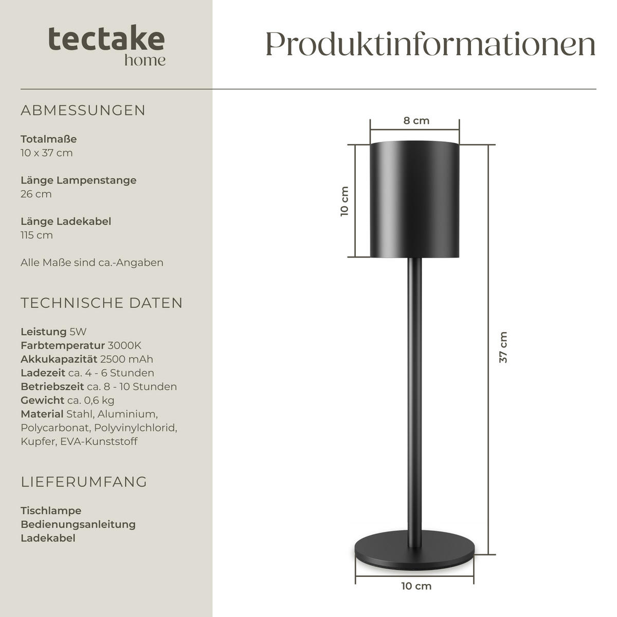 AKKU-TISCHLAMPE Corly,10 x 37 cm,schwarz - Schwarz, Metall (10/10/37cm) - tectake
