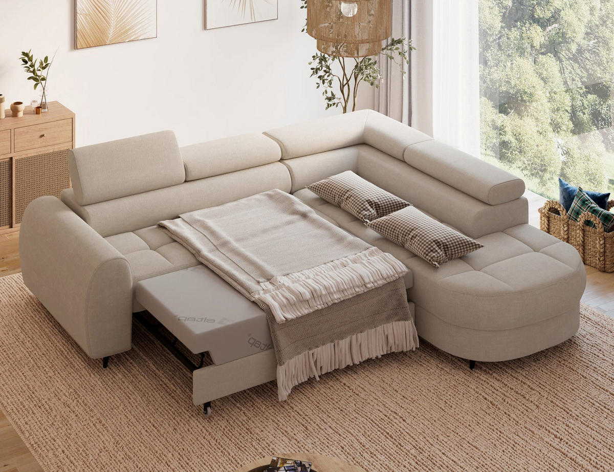ECKSOFA Vesteria mit Schlaffunktion und Bettkasten – Modernes Design, verstellbare Kopfstützen und hoher Sitzkomfort - Beige, Kunststoff (279/72cm) - Wohnideebilder