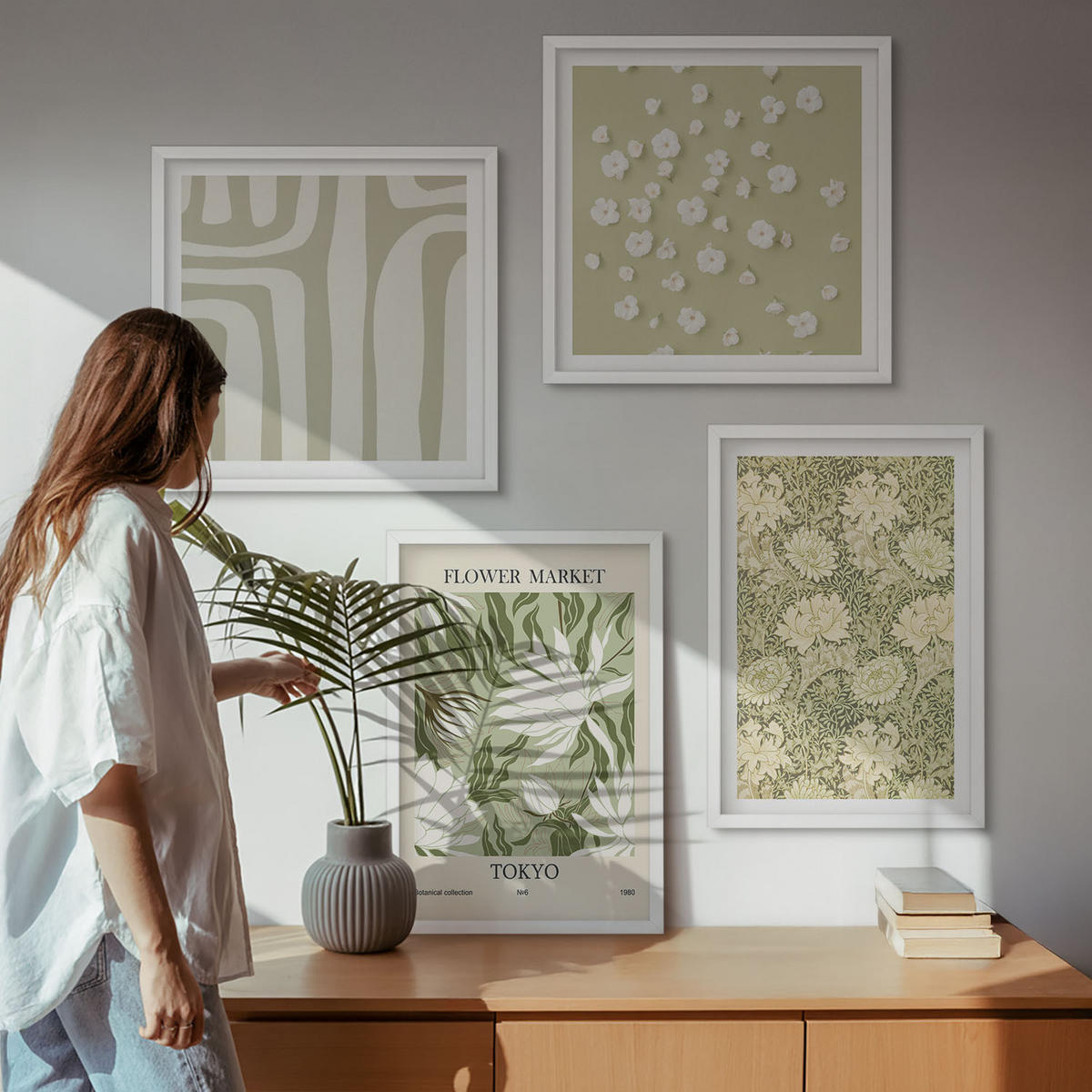 WANDBILDER 4er-Set - 50x50 cm & 40x60 cm Weißer Rahmen - Boho-Pflanzenkompositionen in Pastellfarben - Weiß, Kunststoff (50/50cm) - ArtPrintCave