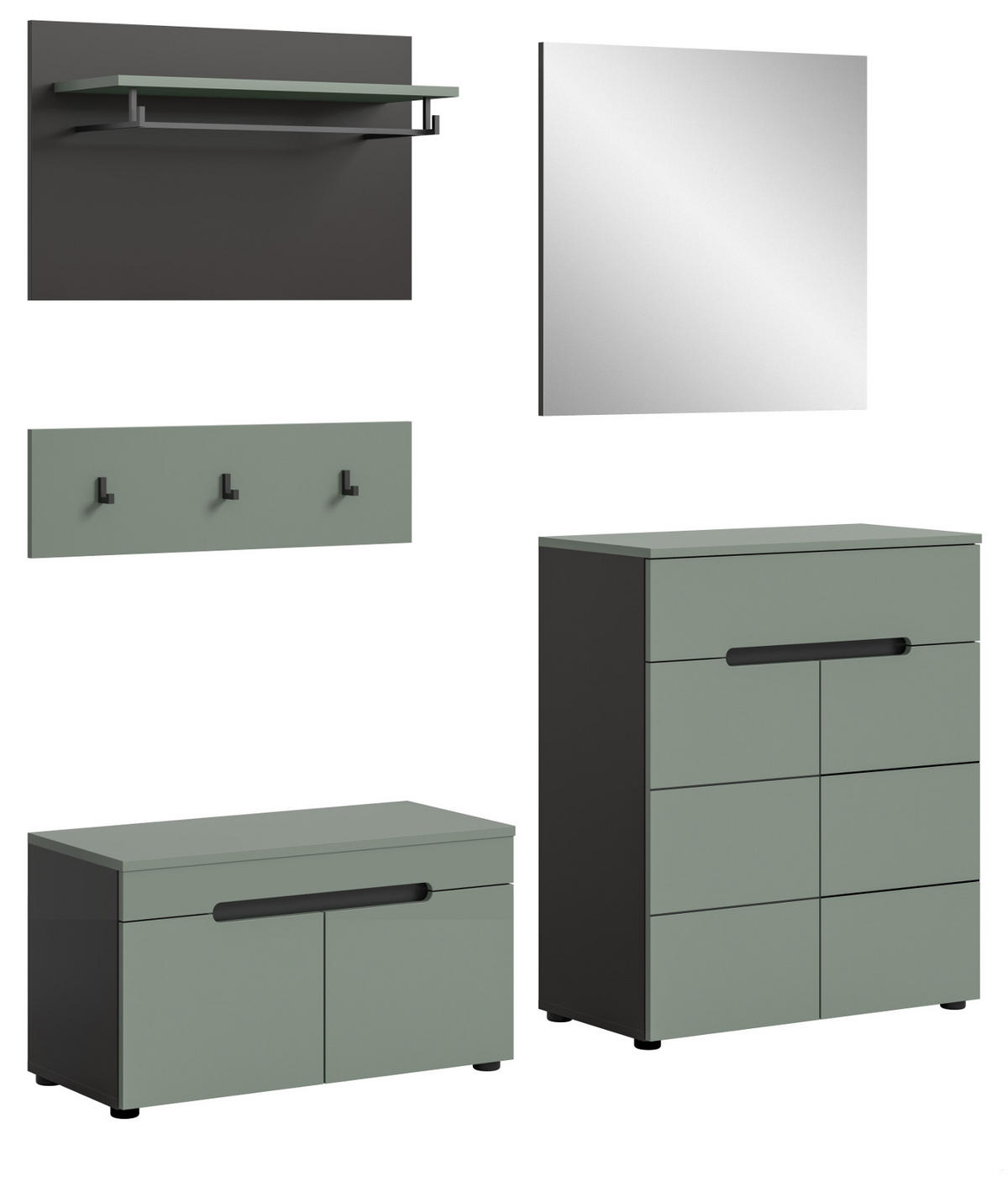 GARDEROBE SET 5-teilig in Salbei Grün und Basalt Grau 175 cm, Soft-Close Cooper - Salbeigrün/Schwarz, Glas/Holzwerkstoff (175/190/37cm) - Inn.Furn