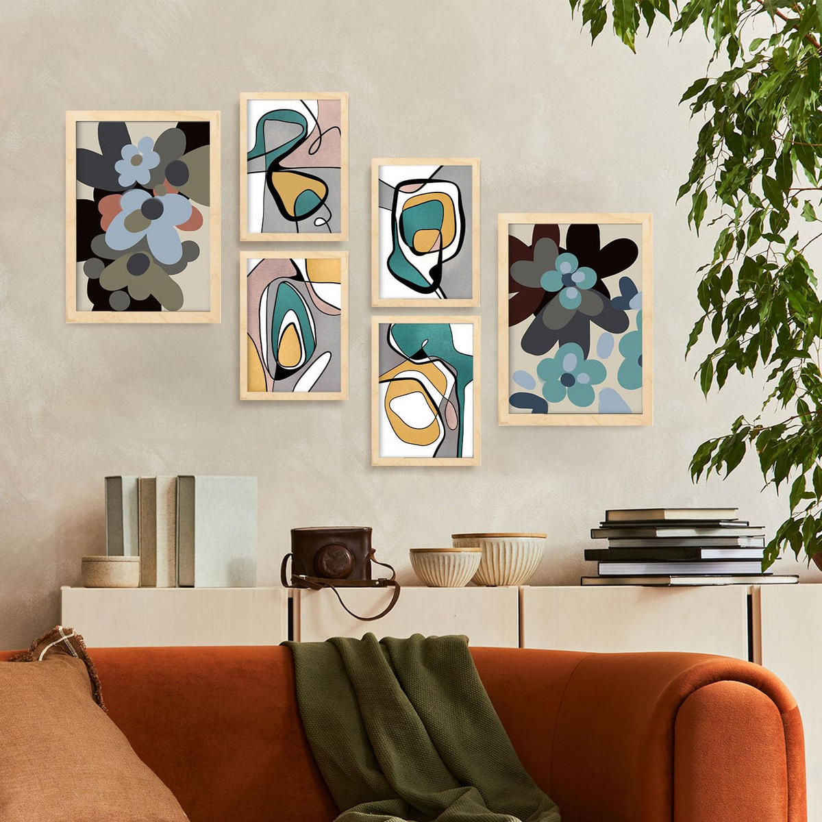 POSTER Set Mit 6 Hodgepodge Blume In Blume Zusammenfassung Ästhetische Dekorative Gemälde Für Ihr Wohnzimmer Zuhause A3 & A4 Rahmen Aus Hellem Holz - Beige, Papier (29/3cm) - Nacnic