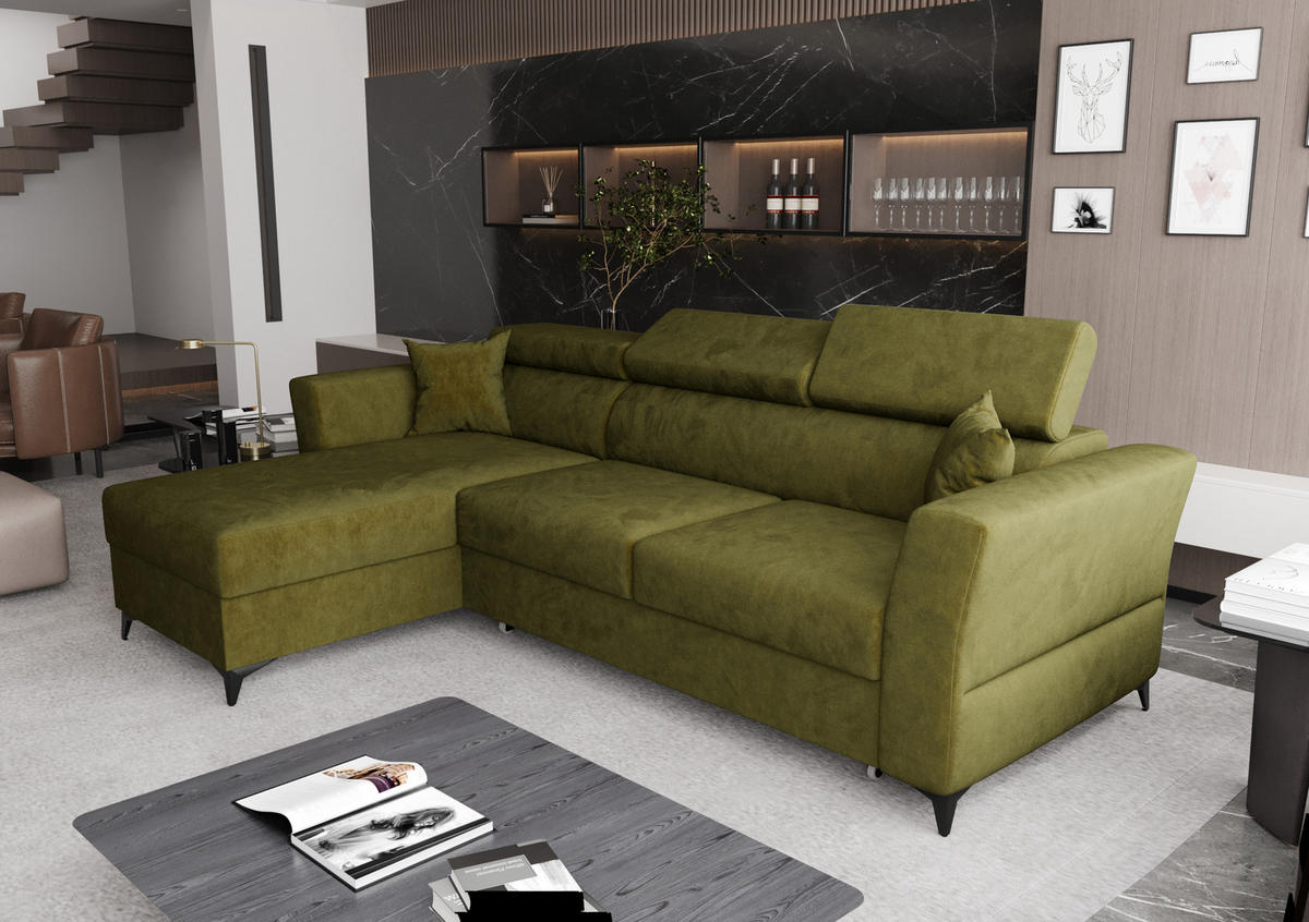 ECKSOFA L Form Ribella Olivgrün 265/180/100 cm Links mit Schlaffunktion - Schwarz/Grün, Textil/Metall (180/265cm) - AX Living