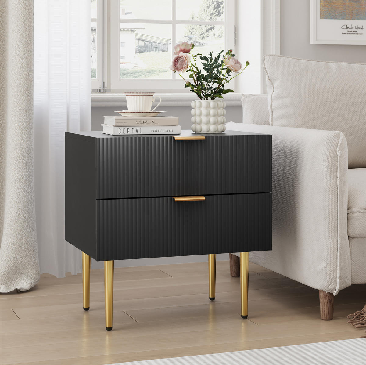 NACHTTISCH aus MDF und Metall 53x41x53 cm Schwarz mit 2 Schubladen und Rillenfront - Schwarz, Holzwerkstoff (53/53/41.3cm) - Modfu