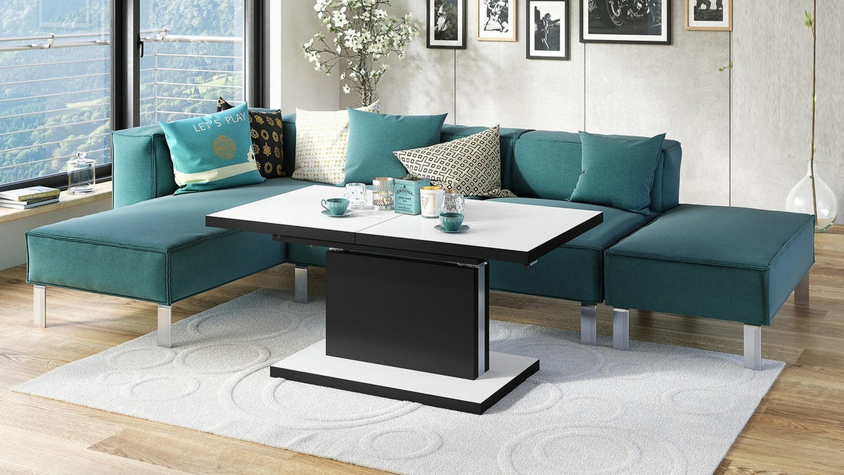 COUCHTISCH rechteckig Weiß matt - Schwarz matt ausziehbar höhenverstellbar - Schwarz/Weiß, Holzwerkstoff (80/120/56cm) - designimpex