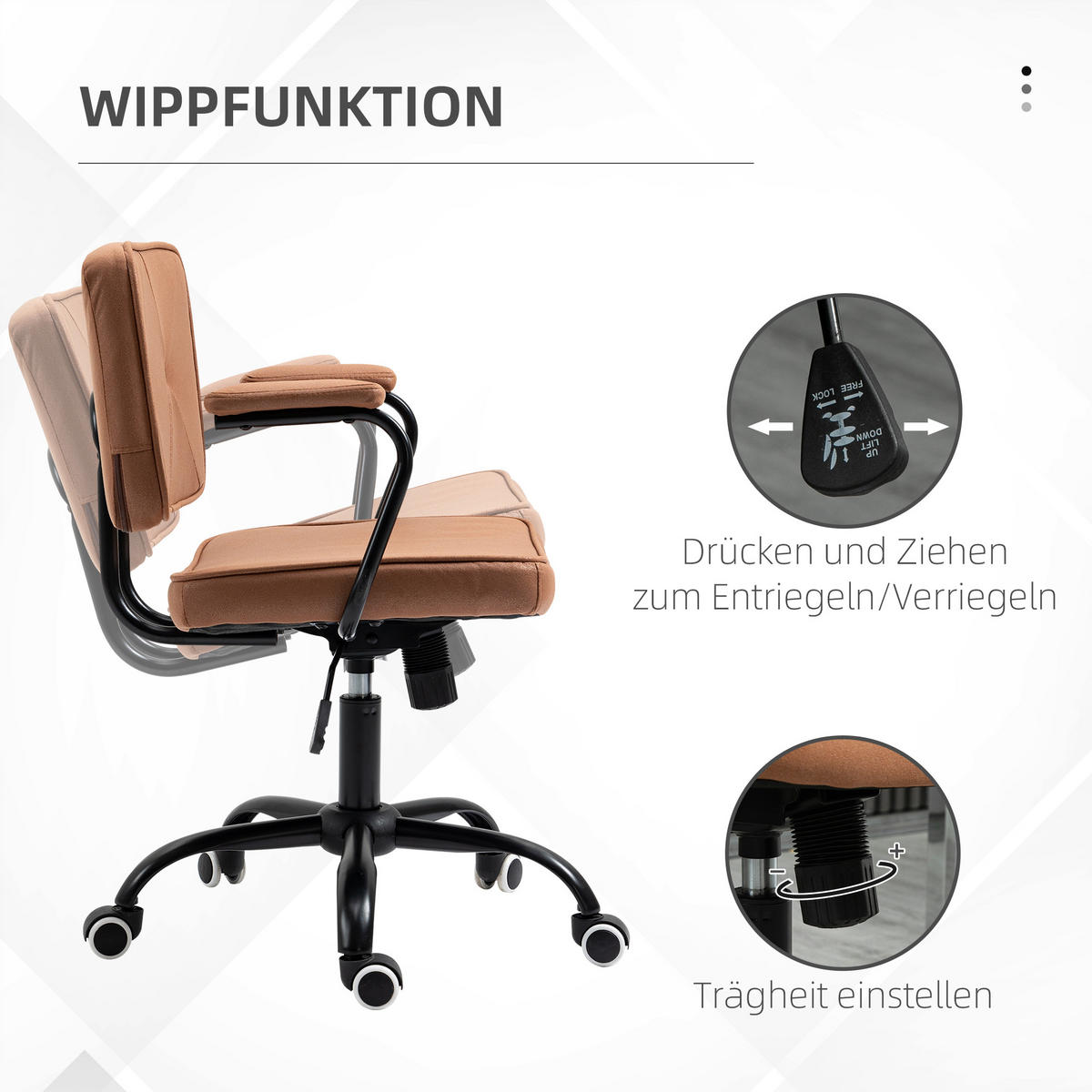 BÜROSTUHL mit Rollen, Drehstuhl, Braun - Braun, Metall (58/91/61cm) - Vinsetto