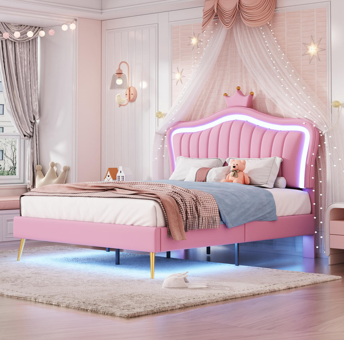 KINDERBETT 140/200 cm mit LED-Beleuchtung, verstellbarem Kopfteil und Lattenrost in Muschelform, Rosa/Weiß - Pink, Textil (140/200cm) - Redom