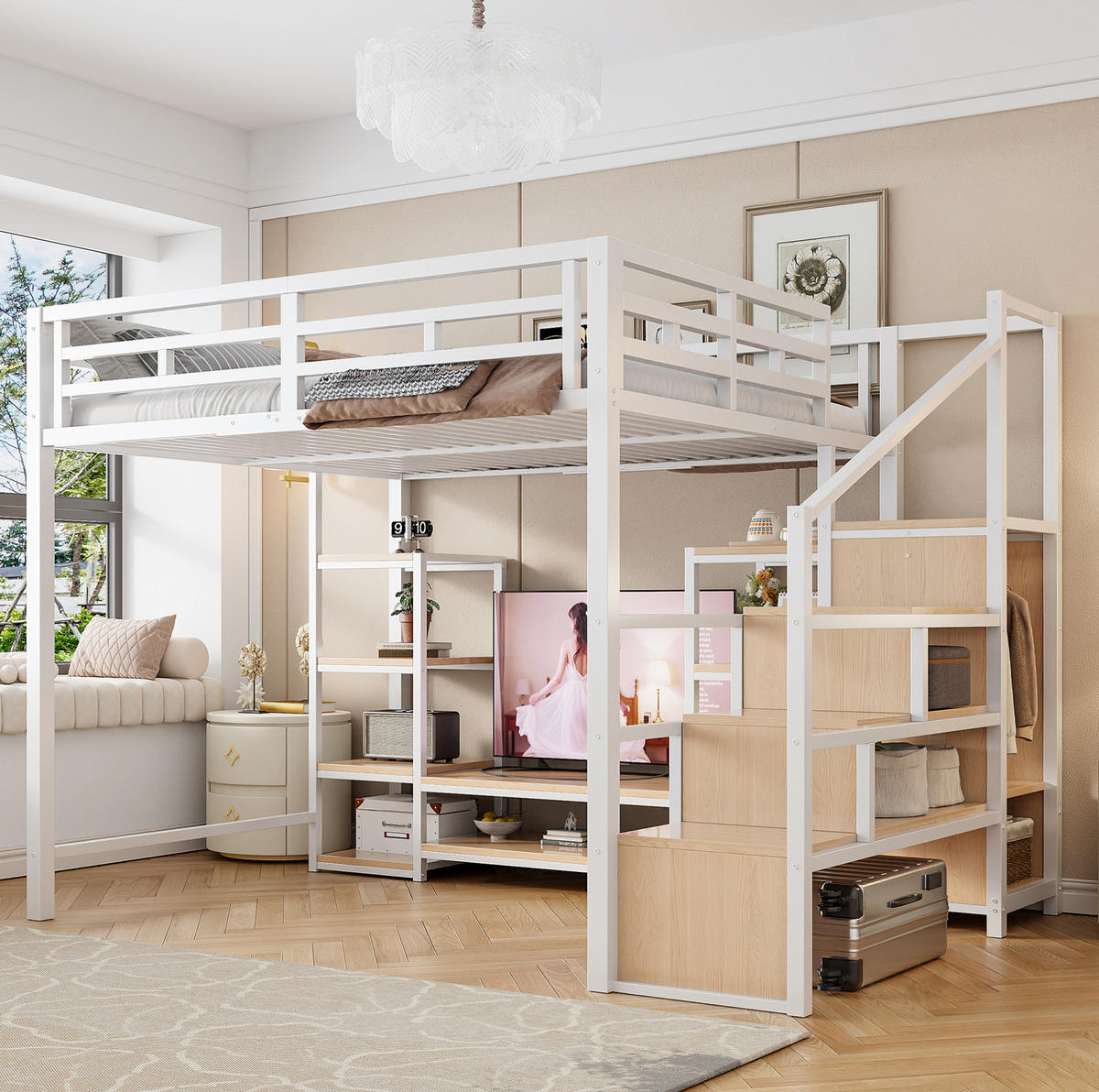 HOCHBETT 140/200 cm aus Metall und MDF mit TV-Ständer, Steckdose und Aufbewahrungsleiter Weiß - Weiß, Metall (140/200cm) - Modenvie