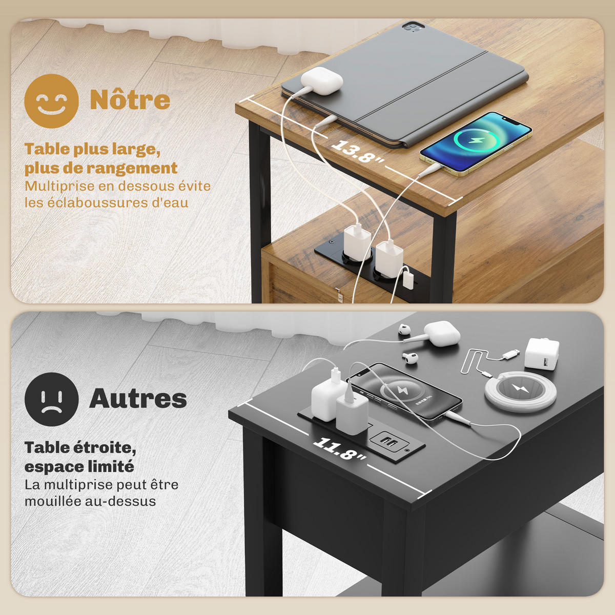 BEISTELLTISCH DE-15767 mit USB & Typ-C Naturholz - Naturfarben, Holzwerkstoff (55/35/58.5cm) - ComfortXL