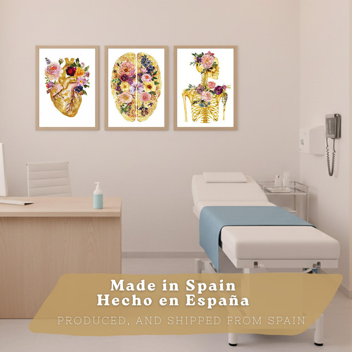 POSTER Set aus 3 Anatomie Mensch Drucke und Wandbilder mit Herz Gehirn und Skelett Goldenes Florales Design Größe Leichter Holzrahmen A4 - Beige, Papier (21/29.7/3cm) - Nacnic