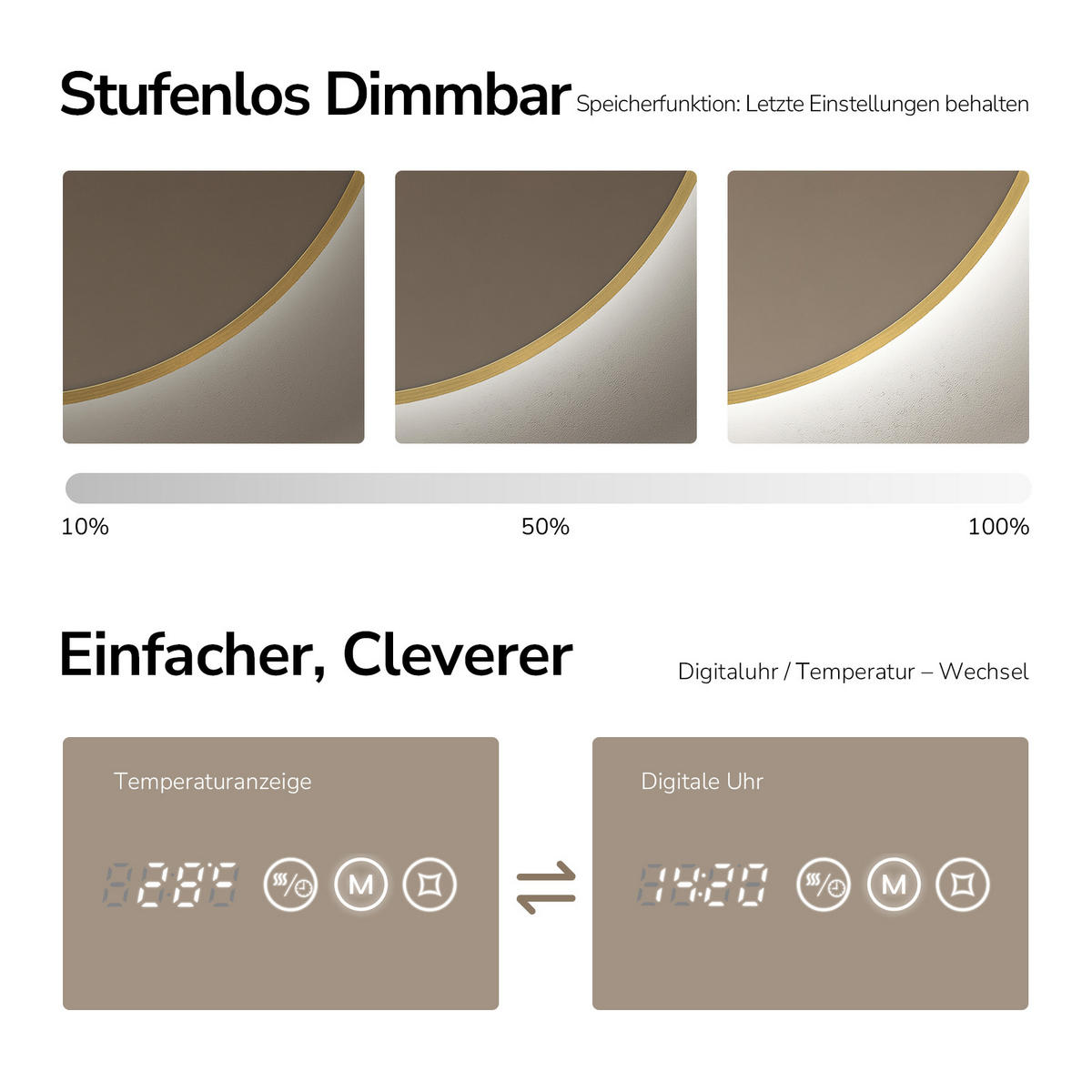 BADSPIEGEL mit LED-Beleuchtung, Anti-Beschlag-Funktion und Uhrzeitanzeige, Goldfarben, Ø 80 cm - Goldfarben, Glas (80/80/3cm) - EMKE