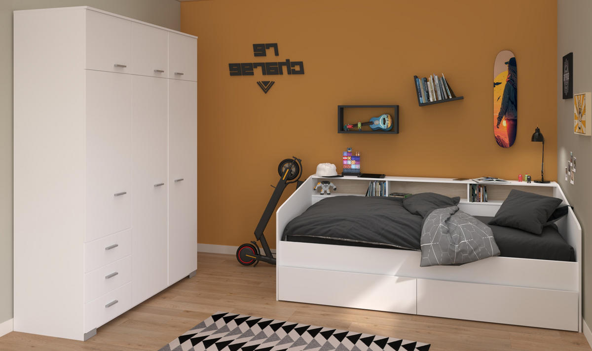 KINDERZIMMER Set 2-tlg. mit Kleiderschrank und Stauraumbett 90x200 - Silberfarben/Weiß, Holz/Holzwerkstoff (206/203/113cm) - Parisot Meuble