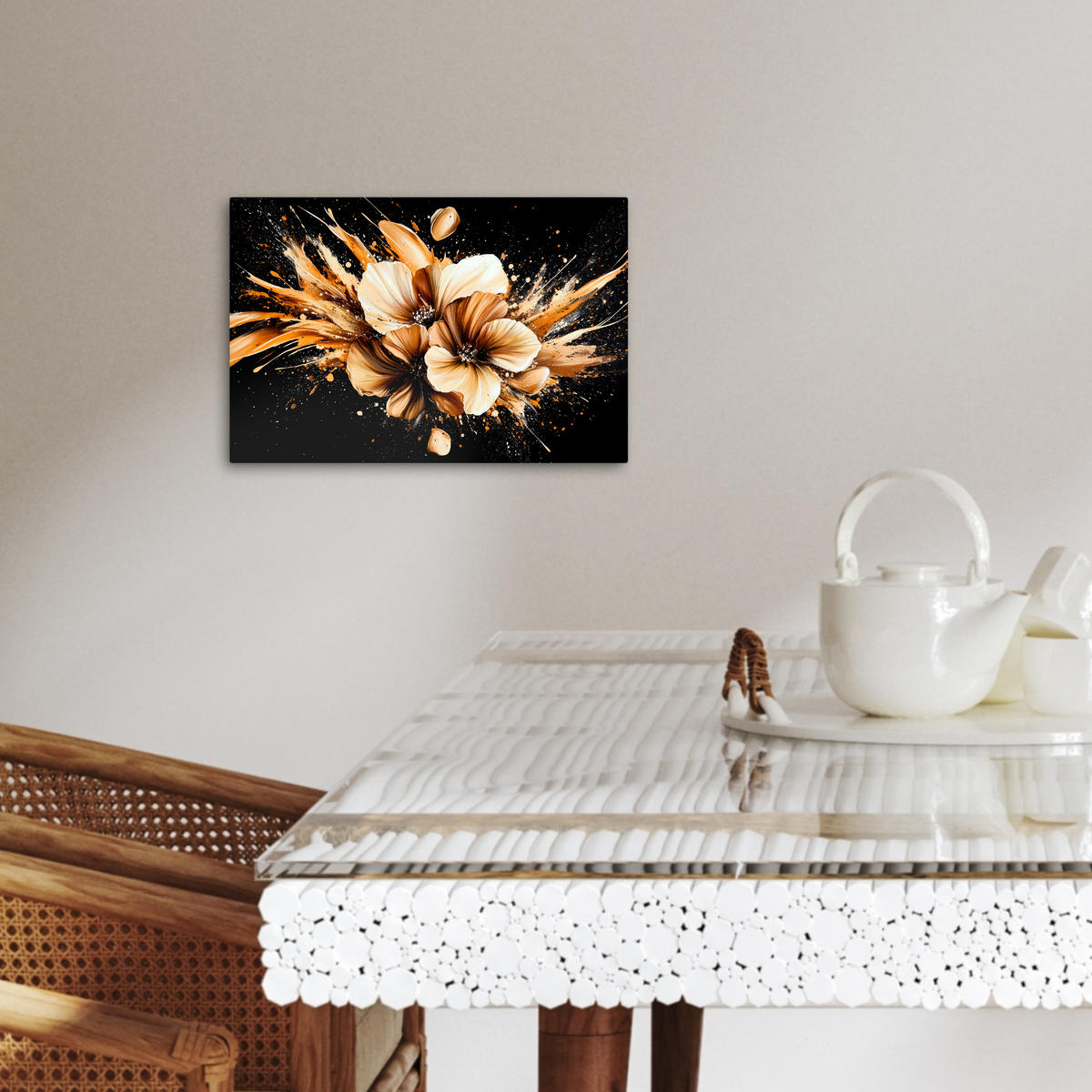 LEINWANDBILD Blumen - Gold - Graffiti - Schwarz - Abstrakt 30x20 cm - Cappuccino, Textil (30/20cm) - MuchoWow