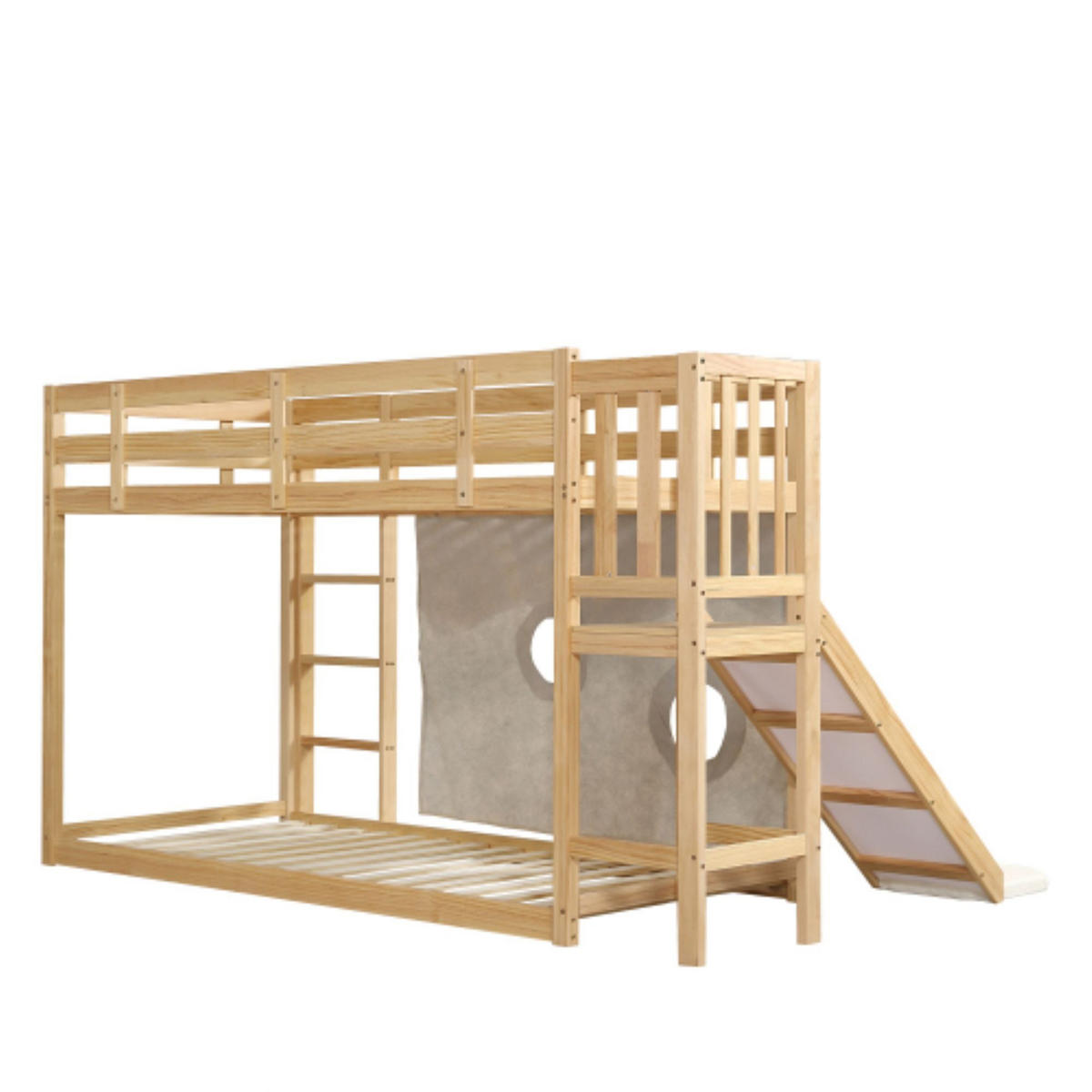 ETAGENBETT 90/200 cm in Natur mit Treppe, Rutsche und Bettvorhang - Naturfarben, Holz/Holzwerkstoff (90/200cm) - CHICFURN