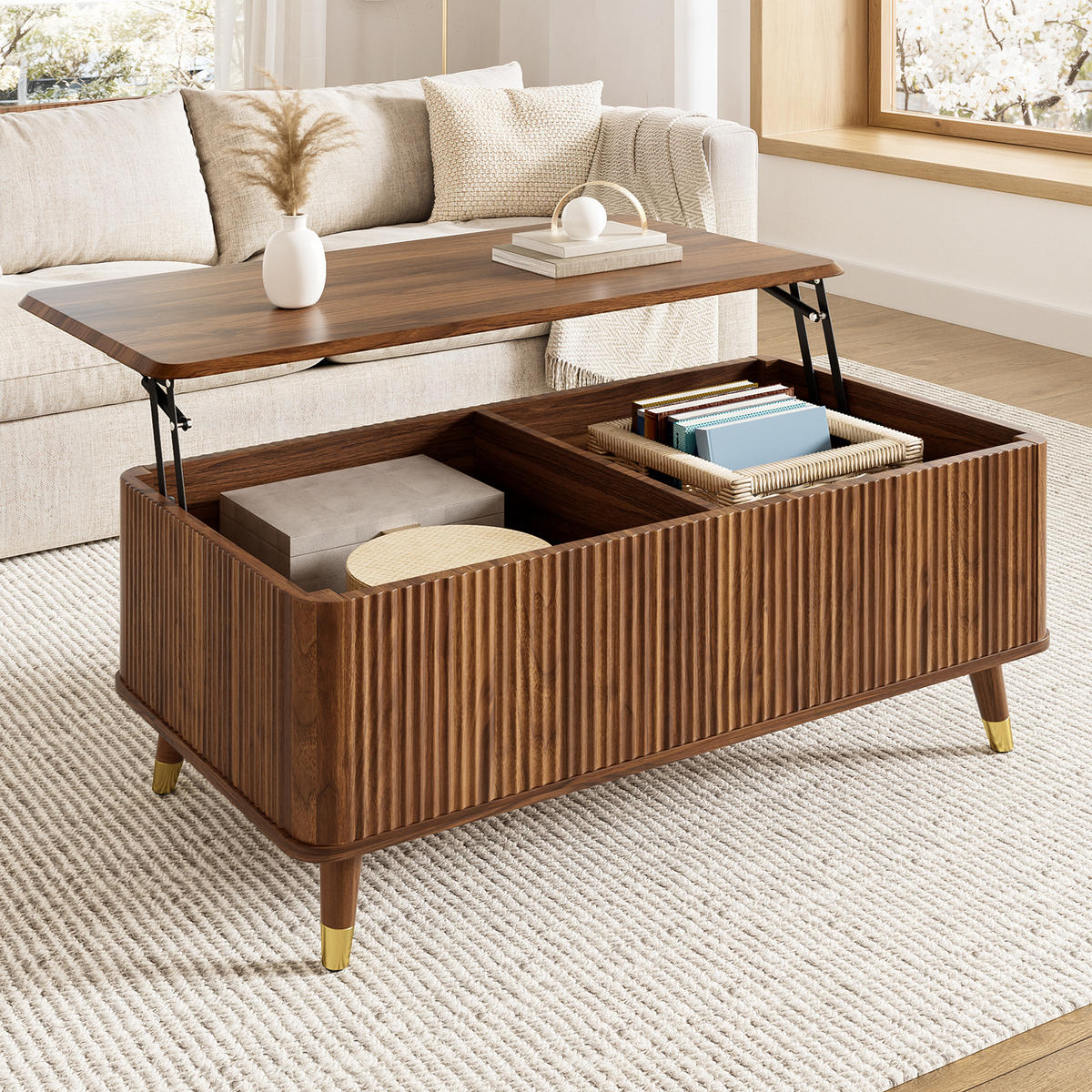 COUCHTISCH Retro Walnuss höhenverstellbar Wellen modern - Walnussfarben, Holzwerkstoff (97/52/56.5cm) - FLIEKS