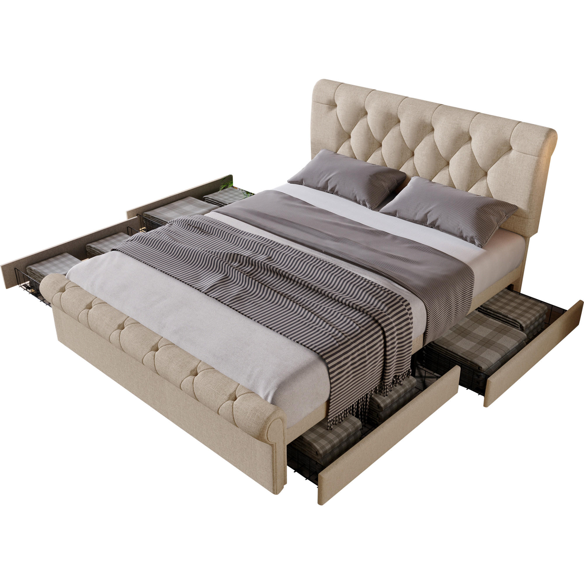 POLSTERBETT 140/200 cm Natur mit 4 Schubladen und höhenverstellbarem Kopfteil - Naturfarben, Metall (140/200cm) - OKWISH