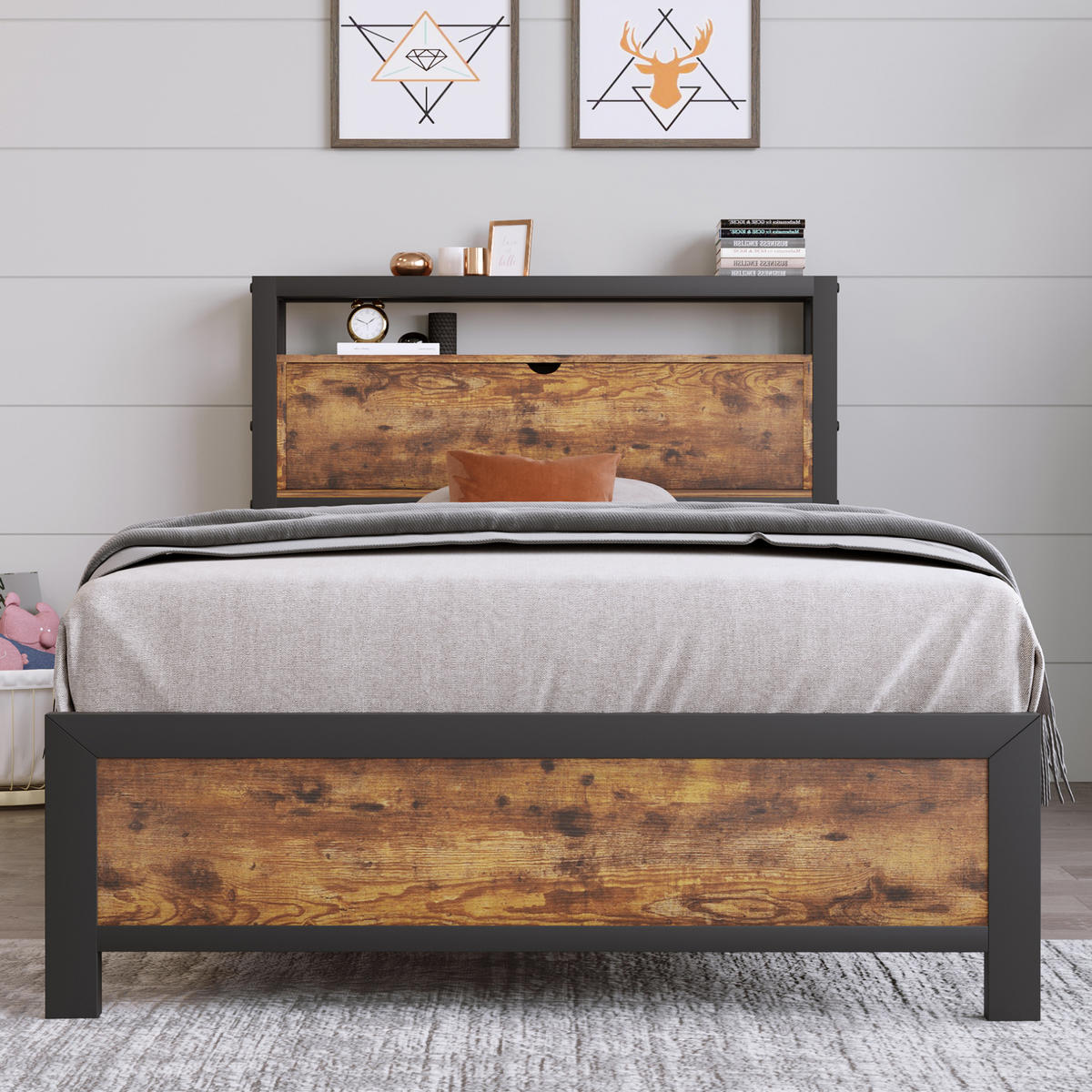 EINZELBETT 90/200 cm mit Stauraum-Kopfteil und Metall-Lattenrost im Industrial-Stil, Natur - Naturfarben, Metall (90/200cm) - Redom