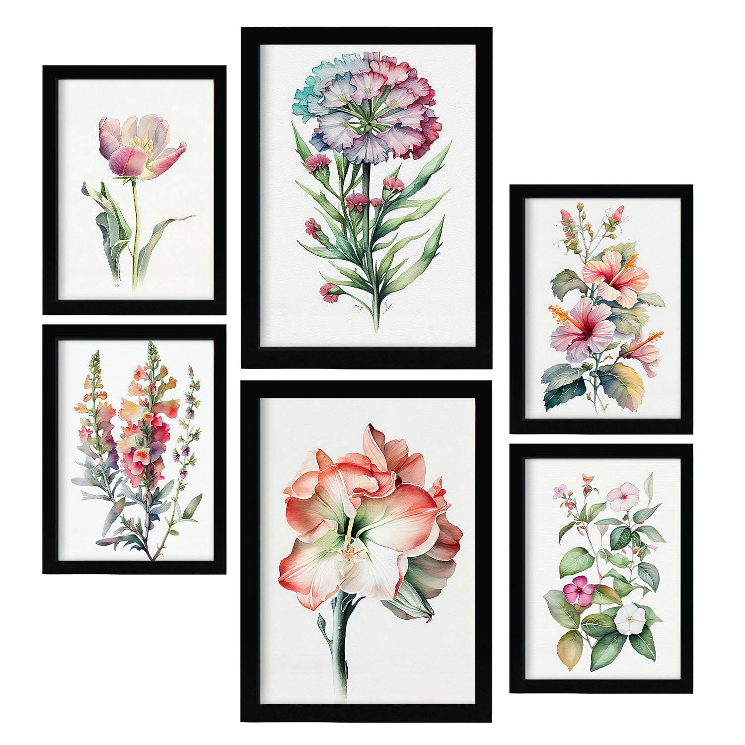 POSTER Set Mit 6 Hibiskus Vollfarbige Natur Und Botanikdrucke Mit Blumenmotiven Auf Reinweißen Hintergründen Innenarchitektur A3 & A4 Schwarzer Rahmen - Schwarz, Papier (29/3cm) - Nacnic