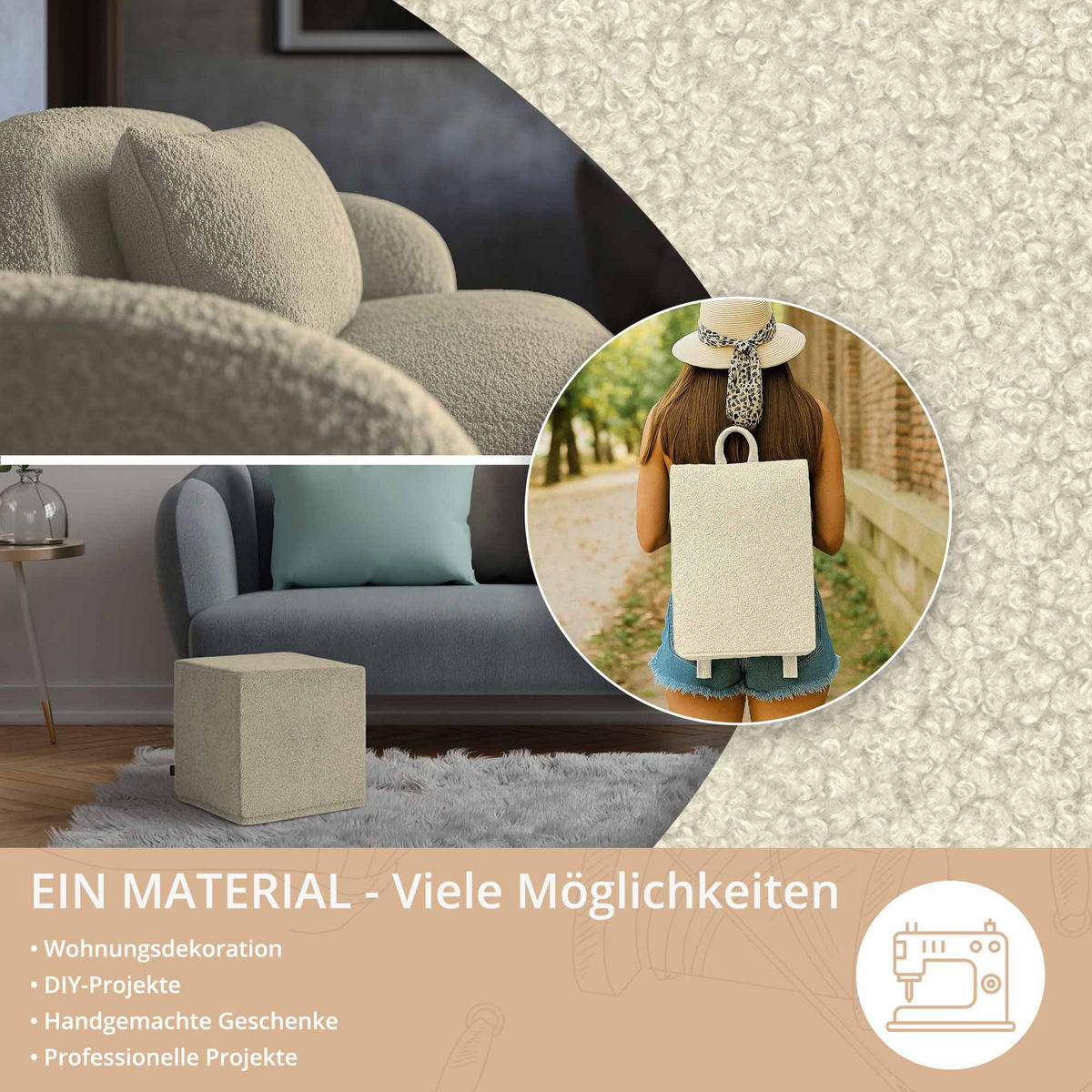 BOUCLESTOFF Quelle Creme – 315 g/m², 140 cm breit, weich & robust, feuer- & UV-resistent - Creme, Textil (140/100cm) - Dreamroots