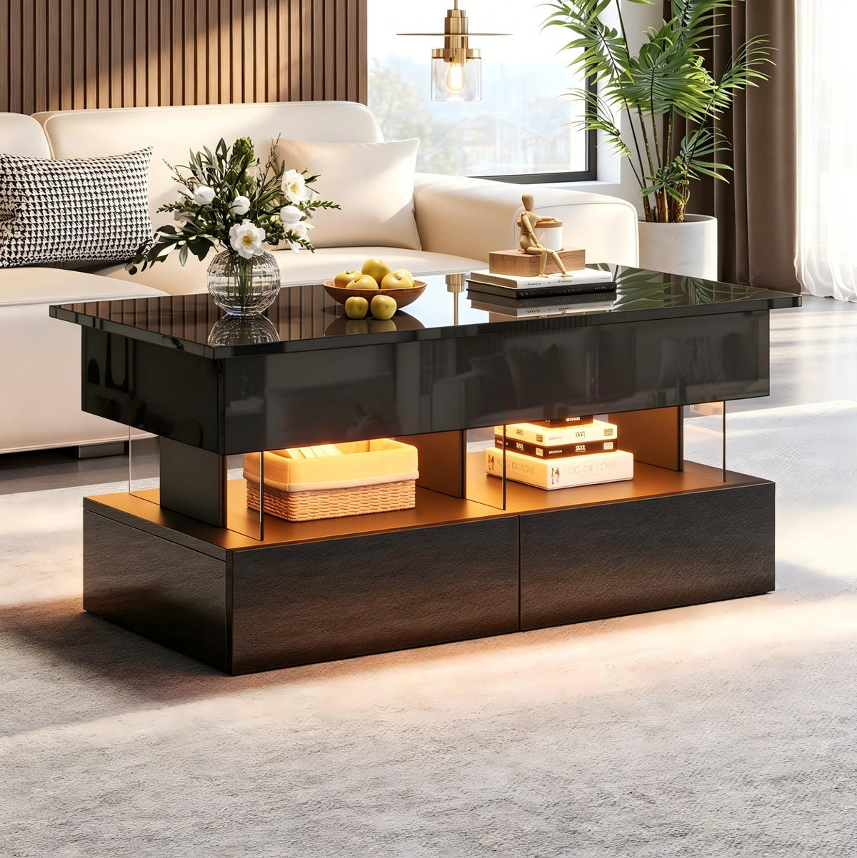 COUCHTISCH aus MDF 100x50x46 cm Schwarz mit Hubfunktion, LED-Beleuchtung und 2 Schubladen - Schwarz, Holzwerkstoff (100/50/46cm) - IVMEU