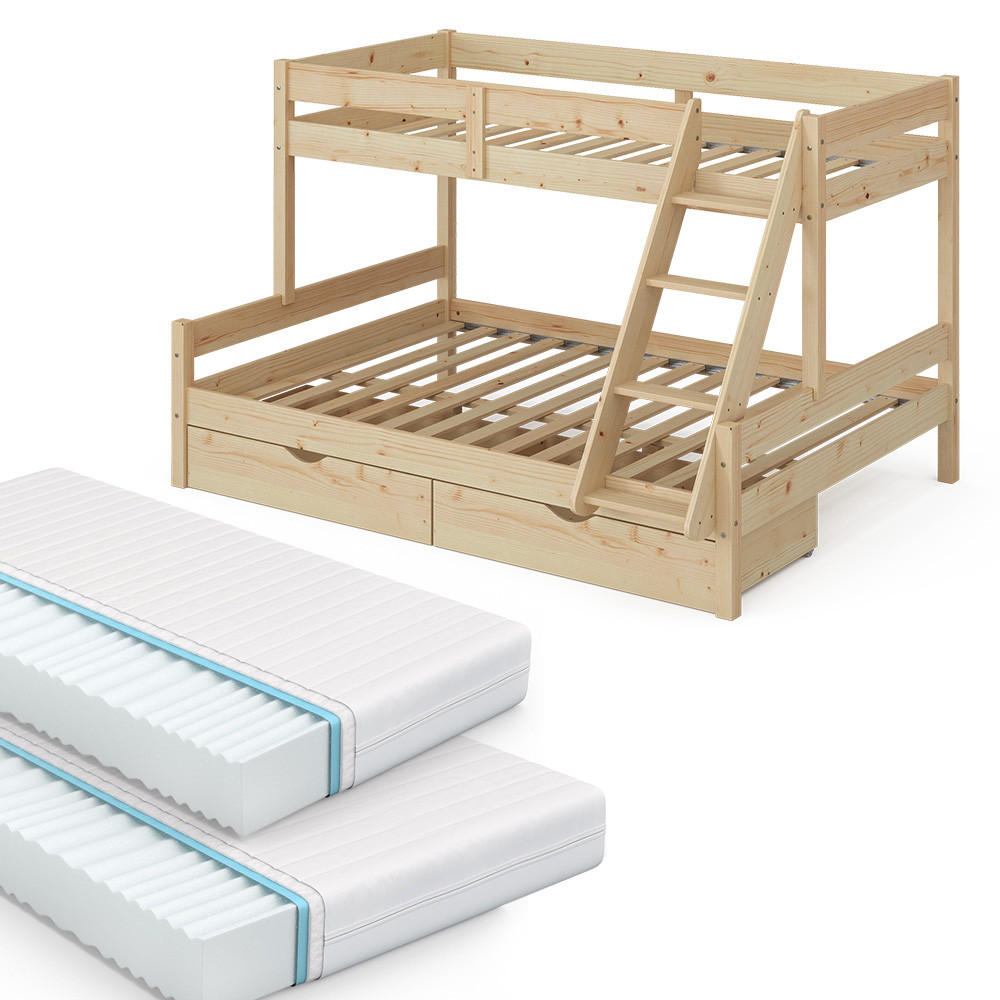 VitaliSpa PATROVÁ POSTEL Everest Přírodní dřevo 140x200 / 90x200 cm se 2 matracemi a 2 zásuvkami