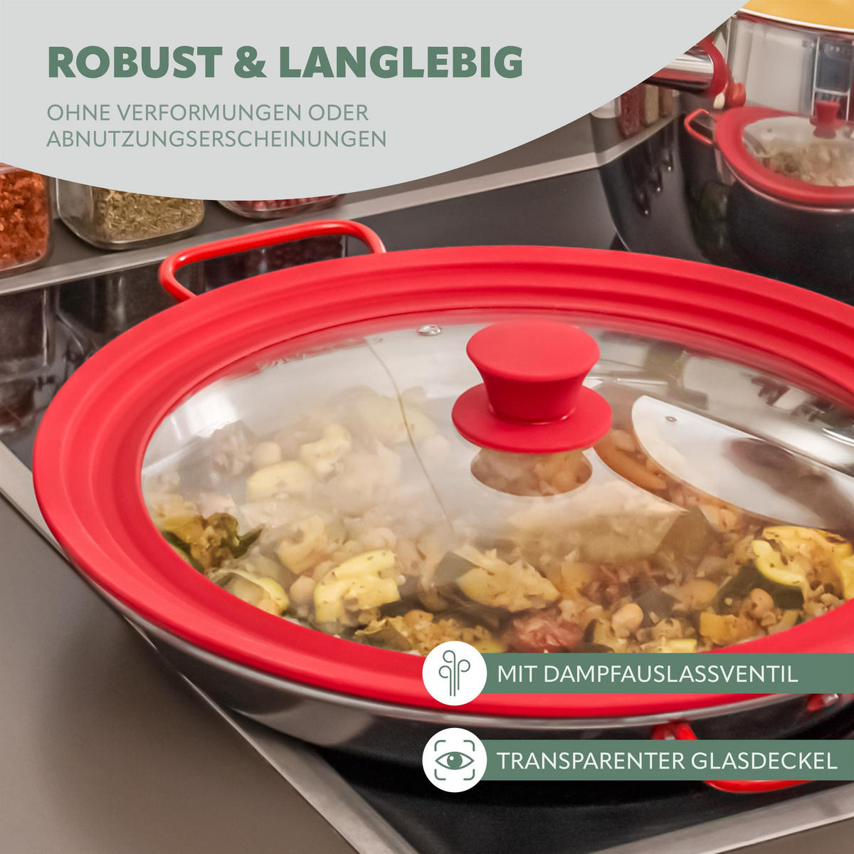 UNIVERSAL-GLASDECKEL, rot, Silikon, Edelstahl - Rot, Glas (34/34/6cm) - bremermann