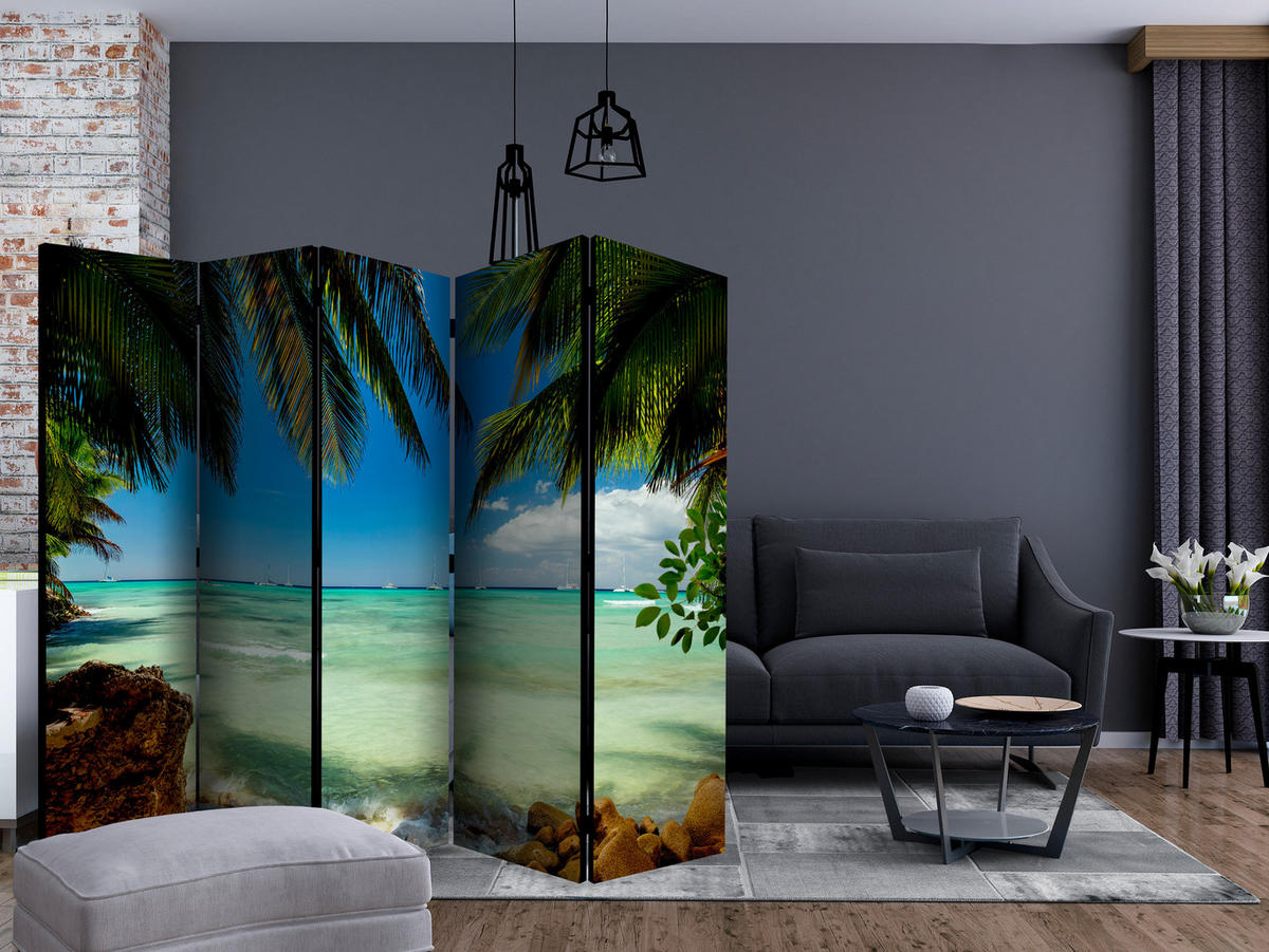 PARAVÁN Jednostranný 5-dielny 225x172 cm Palmy Pláž a More 3D - modrá, drevo/textil (225/172/3cm) - Muralo