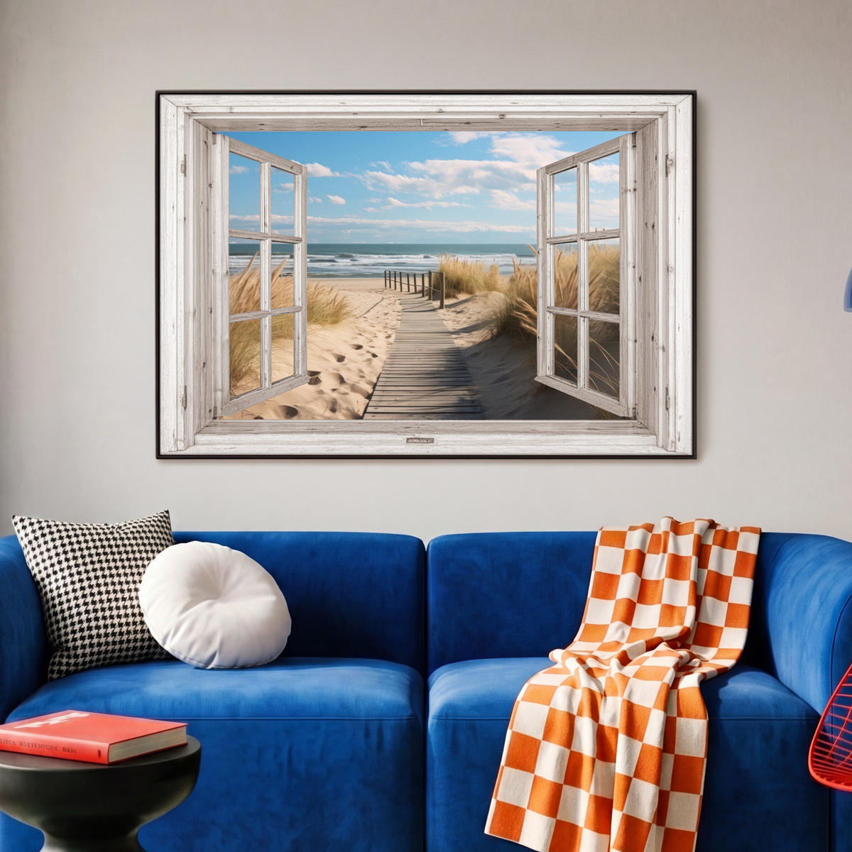 LEINWAND Bilder mit Rahmen - Fenster - Meer - Küste - Natur - Ausblick - Strand - Wattenmeer - 90x60 - Beige, Textil (90/60cm) - MuchoWow