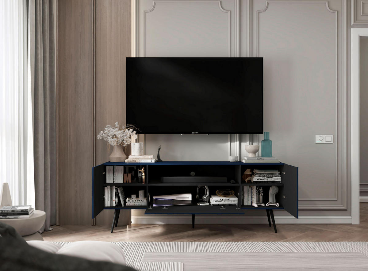 TV-SCHRANK Elpis Marineblau Matt mit Metallbeine Glamour 150 cm - Blau/Schwarz, Holzwerkstoff/Metall (150/60.5/36.5cm) - Meble Lindner