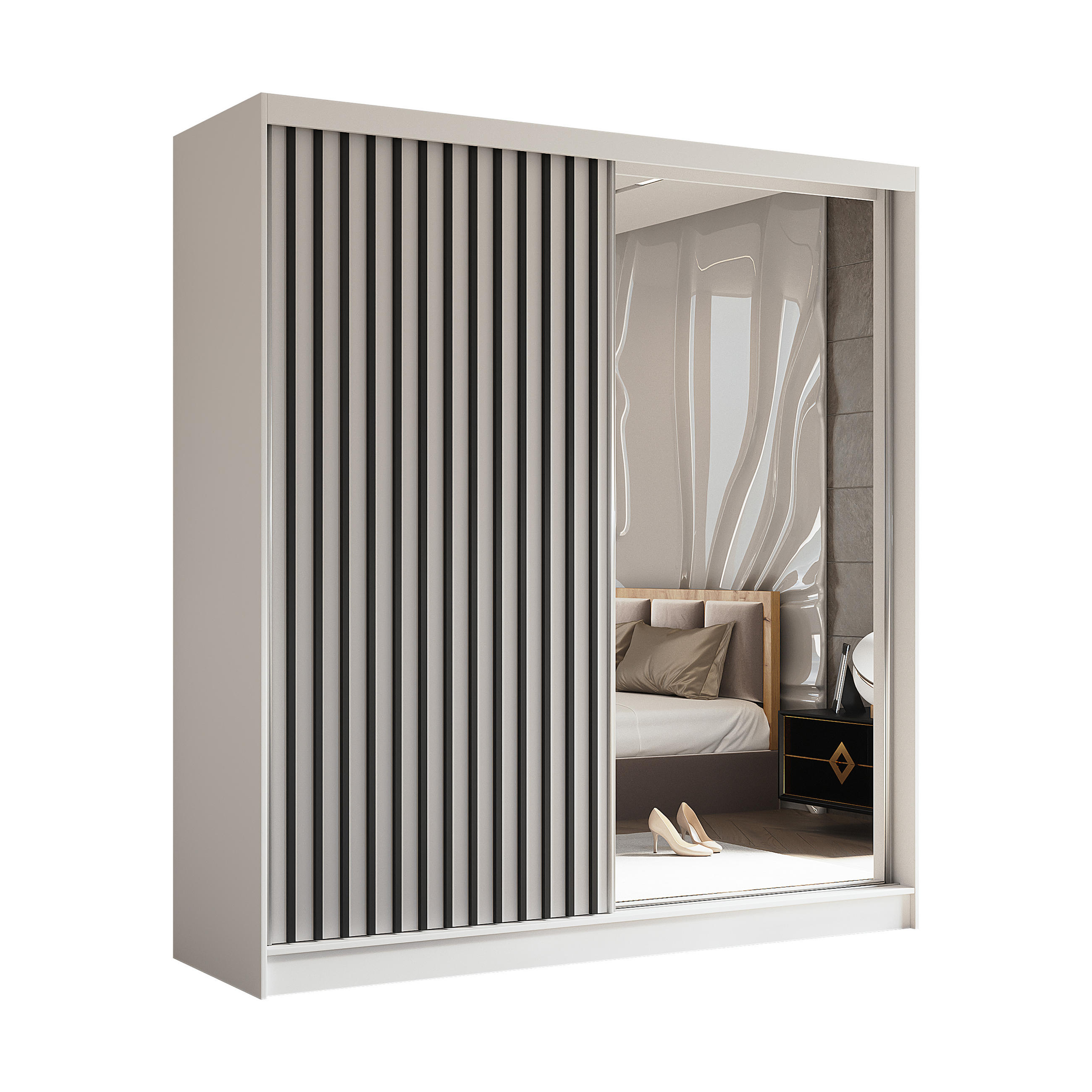 SCHWEBETÜRENSCHRANK LAMELLO 200/216/61 cm 2-türig mit Spiegel Weiß - Weiß, Holzwerkstoff (200/216/61cm) - MASSENO