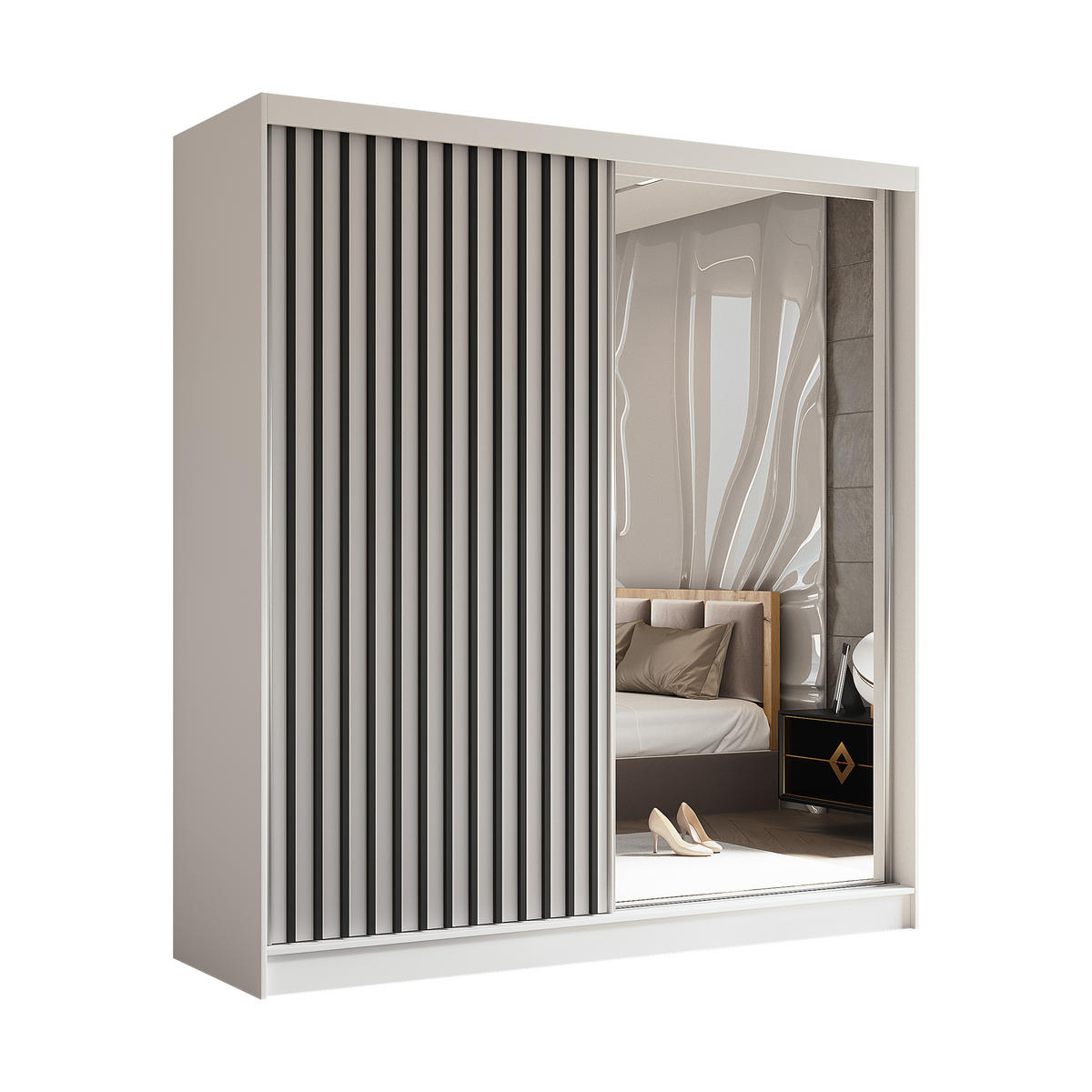 SCHWEBETÜRENSCHRANK LAMELLO 200/216/61 cm 2-türig mit Spiegel Weiß - Weiß, Holzwerkstoff (200/216/61cm) - MASSENO