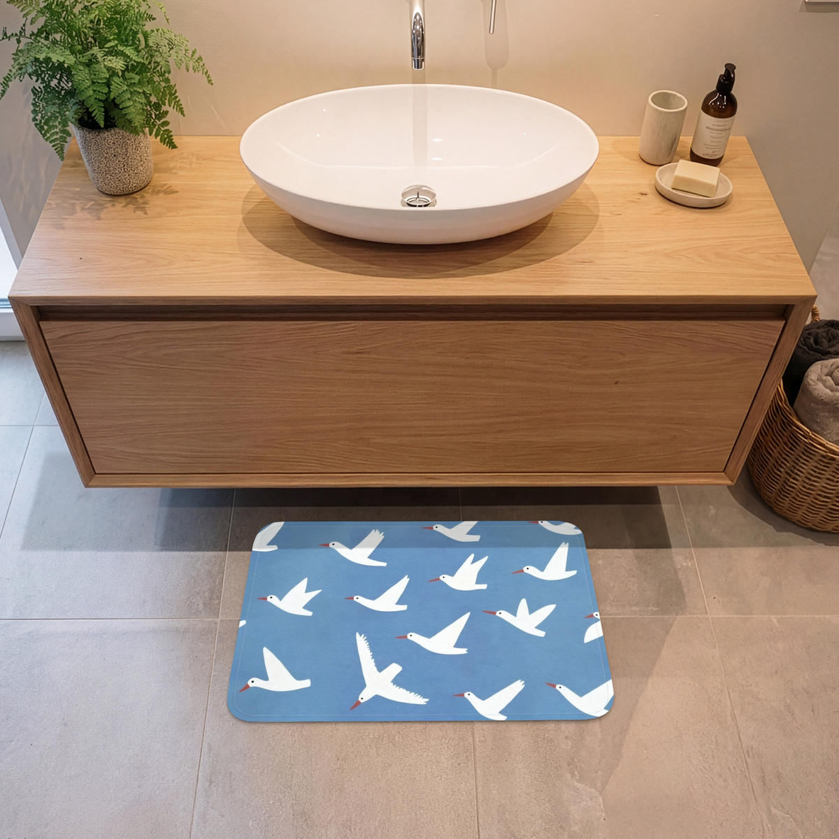 BADEMATTE Vögel - Weiß - Muster 60x40 cm - Blau, Kunststoff/Textil (60/40cm)