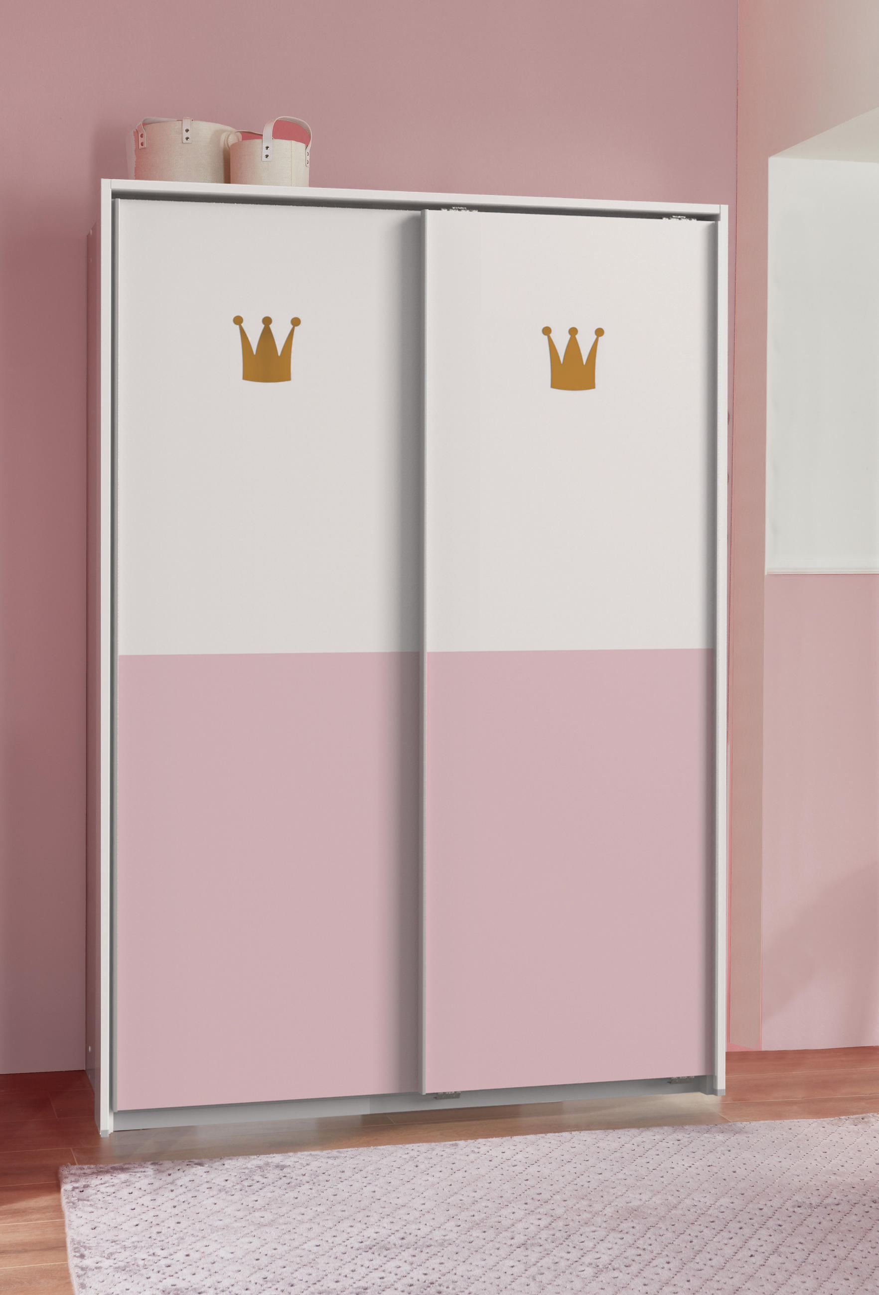 SCHWEBETÜRENSCHRANK Cindy in Weiß und Rosa - mit Krönchenapplikationen - Weiß, Holzwerkstoff (139/200/65cm)
