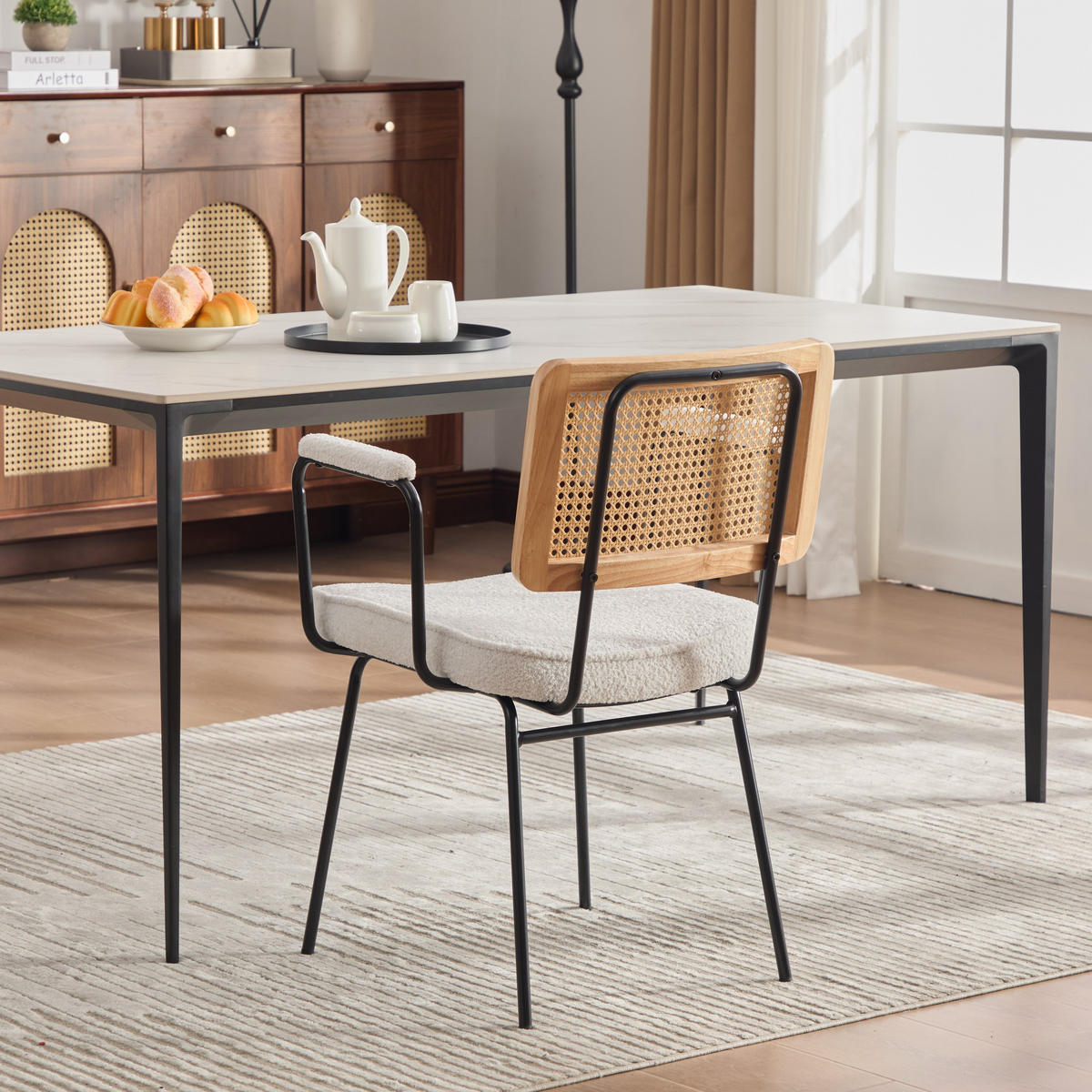 ESSZIMMERSTUHL 2er-Set, Elfenbein, Chenille, Rattan-Optik - Weiß, Textil/Metall (58/82/62.5cm)