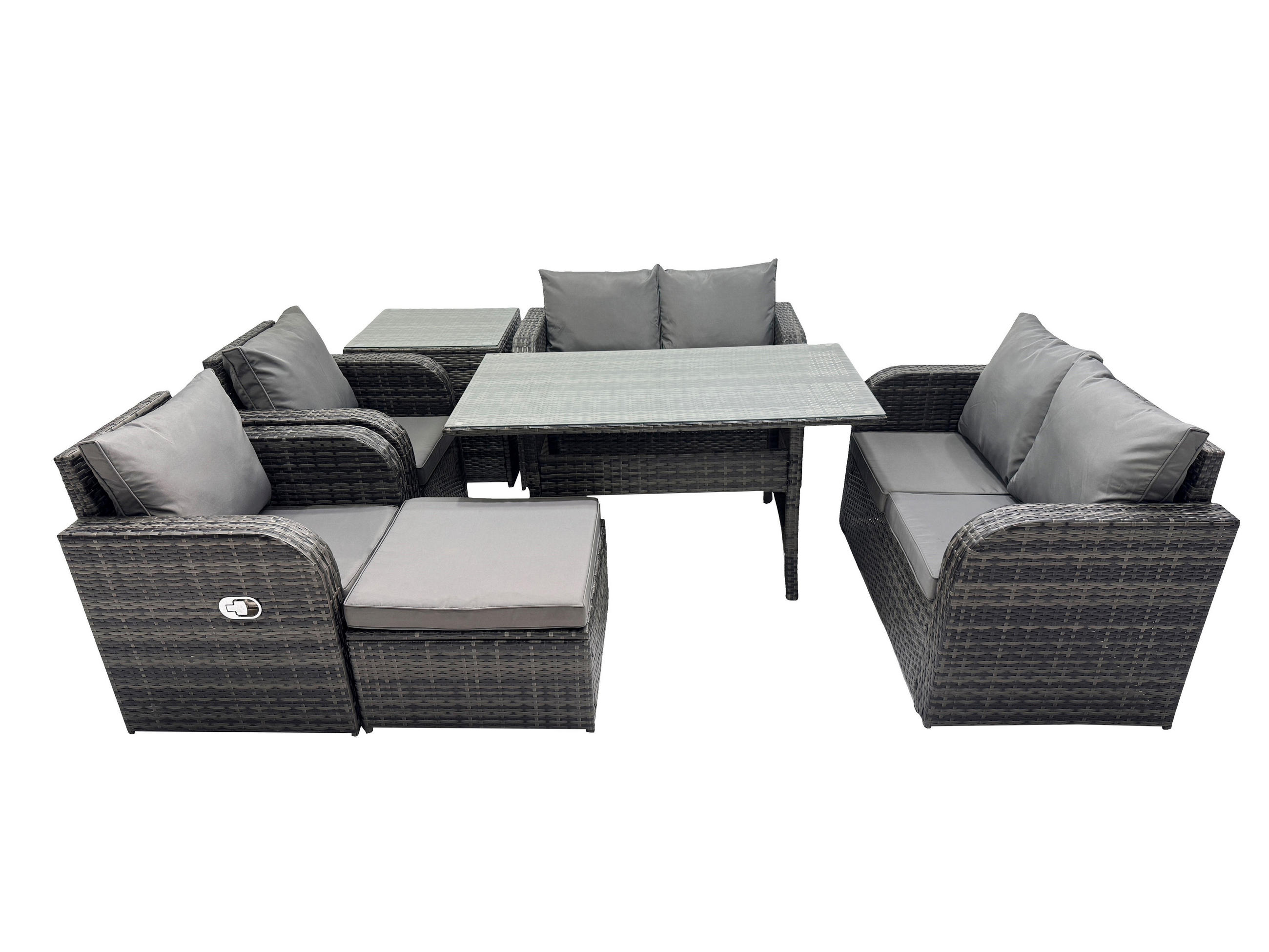 GARTENSET mit Zweisitzer,Hocker,Esstisch,Beistelltisch Polyrattan 7-Sitzer - Dunkelgrau/Grau, Glas/Kunststoff - Fimous