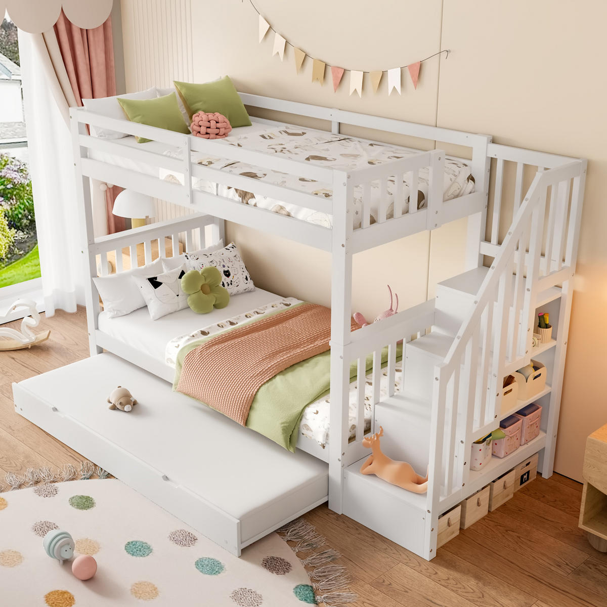 ETAGENBETT 90/200 cm mit ausziehbarem Rollbett, Treppenregal und hohen Sicherheitsgittern, Weiß - Weiß, Holzwerkstoff (90/200cm) - Redom