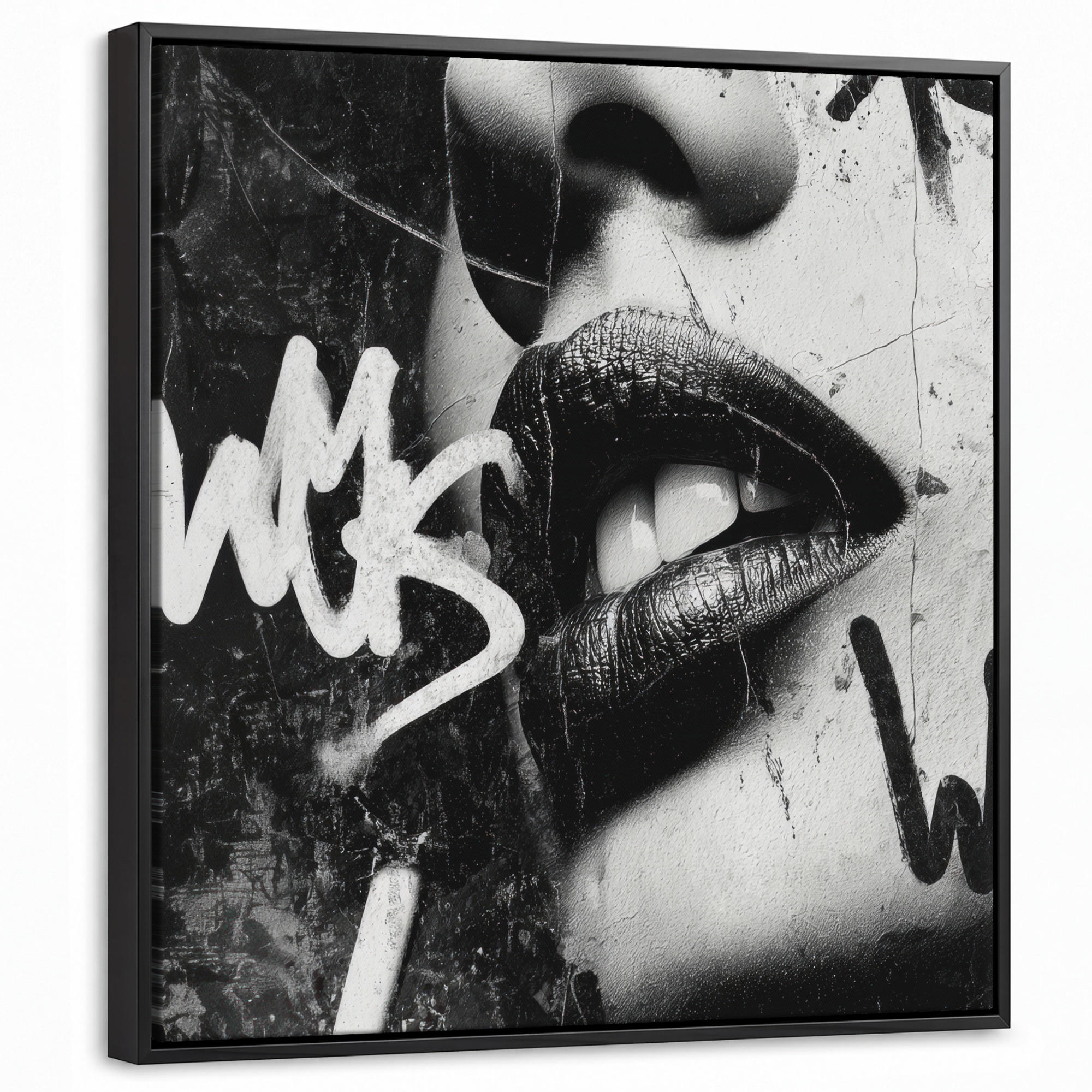 LEINWAND Bilder mit Rahmen - Gesicht - Mund - Graffiti - Schwarz - 50x50 - Schwarz, Textil (50/50cm) - MuchoWow