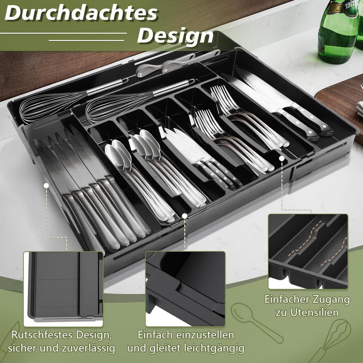 BESTECKKASTEN Ausziehbarer - Schwarz, Kunststoff (53/5/49cm) - Aimax