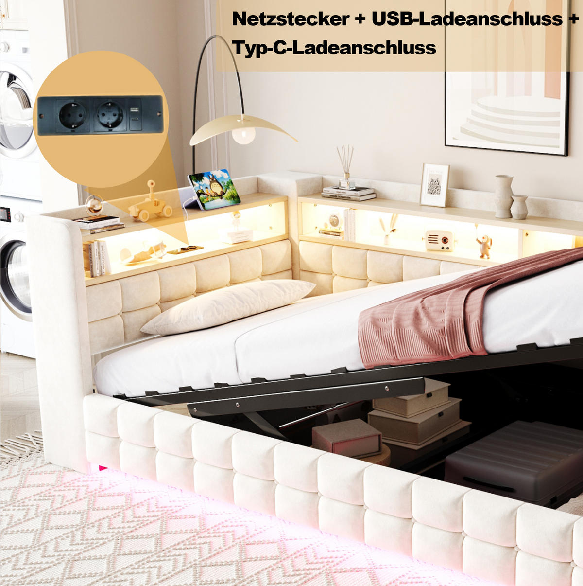 POLSTERBETT 90/200 cm mit LED-Beleuchtung, USB-, Typ-C-Anschluss, Steckdose, Bettkasten und Holzregalen, Samt Beige - Beige, Textil (90/200cm) - Redom