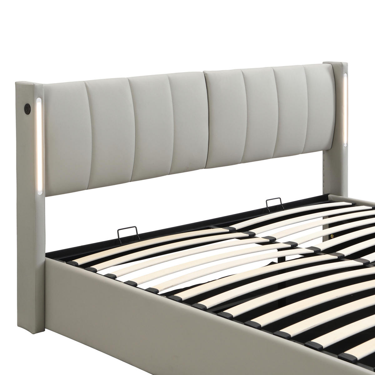 POLSTERBETT aus PU 140x200 cm Grau mit Stauraum, LED-Beleuchtung, USB-Anschluss und verstellbarem Kopfteil - Grau, Leder (140/200cm) - IVMEU
