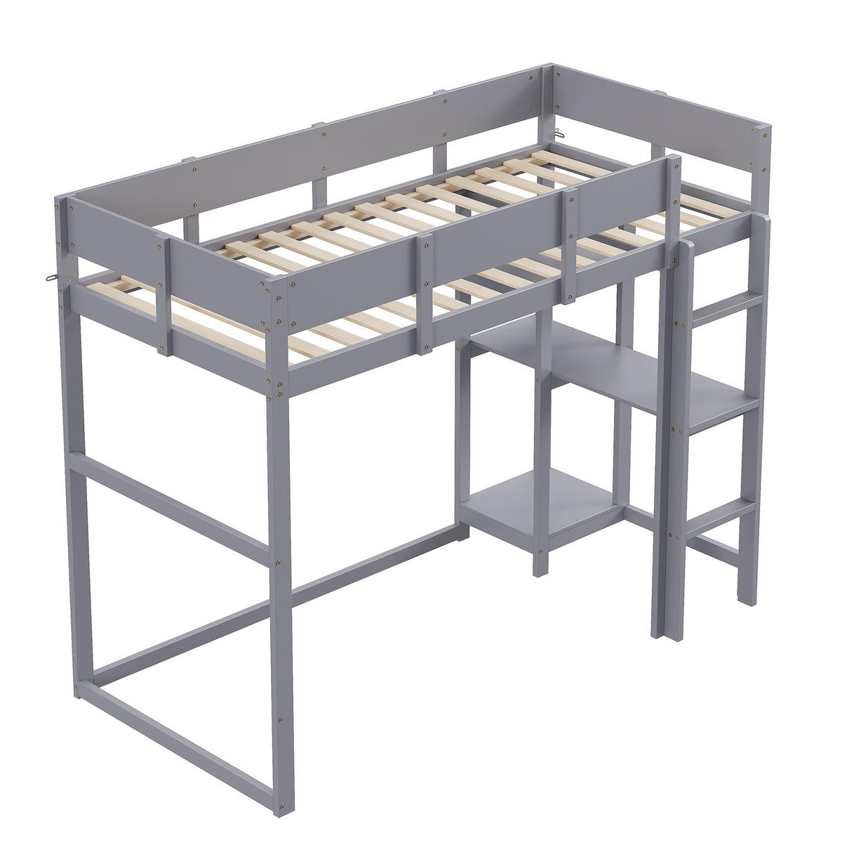 HOCHBETT 90/200 cm mit Ablageregal und Schutzgeländern aus massivem Kiefern, Grau - Grau, Holzwerkstoff (90/200cm) - Redom