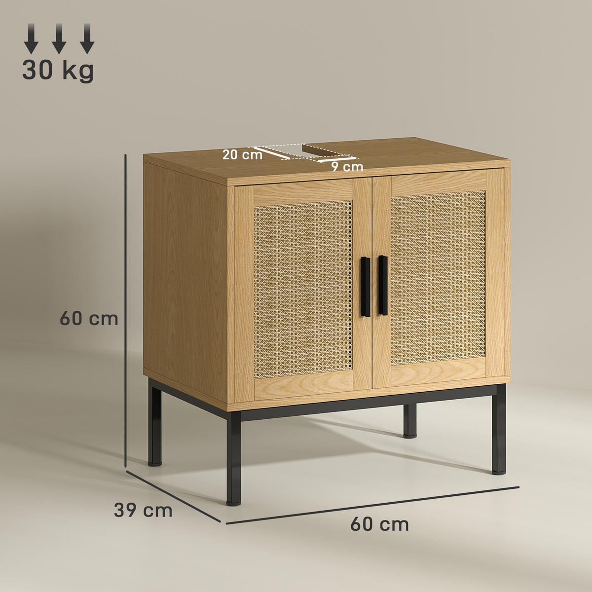 WASCHBECKENUNTERSCHRANK Unterschrank mit Schrankfach, Rattanoptik, Eiche - Eichefarben, Holz (39/60/60cm) - Kleankin