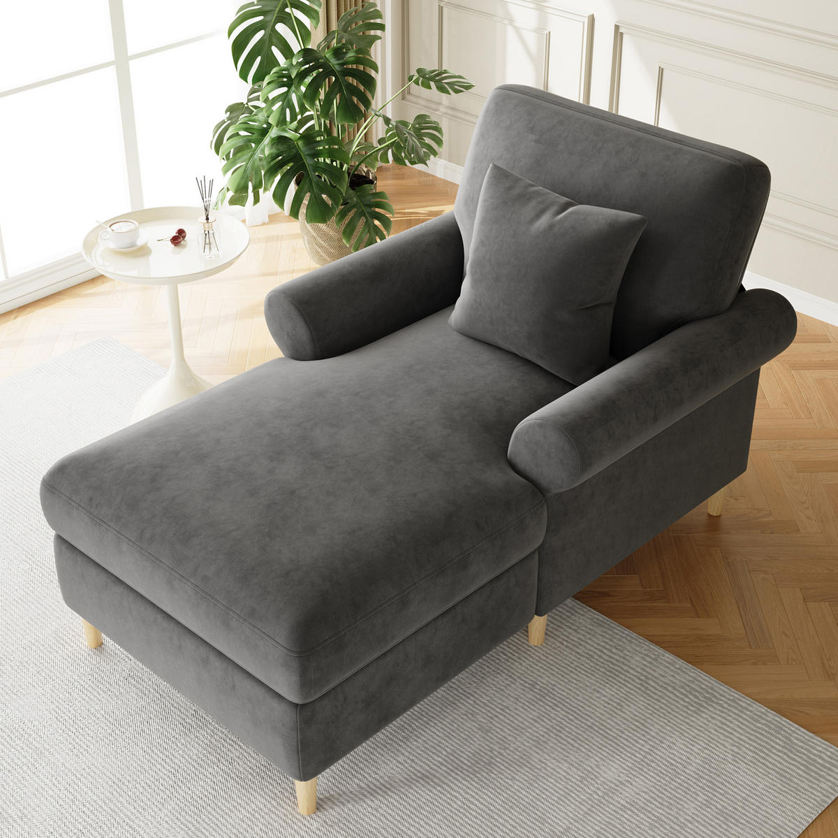 SCHLAFSESSEL 133/87/90 cm in Grau aus Samt mit Liegefunktion und Kissen - Grau, Textil (87/90/133cm) - Flora Grace